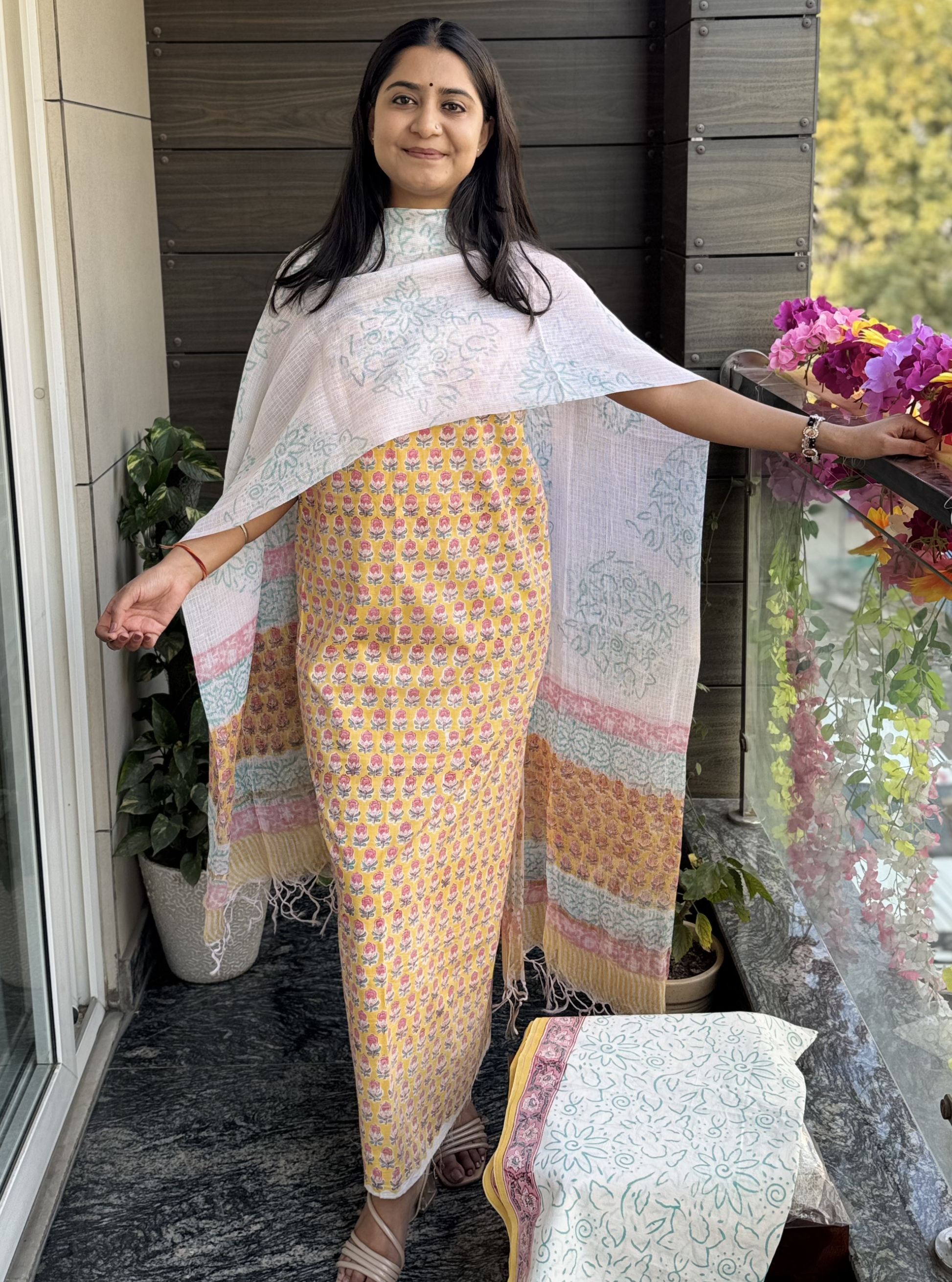 Mustard Aqua Phool Cotton Mul Suit Set with Kotadoriya Dupatta