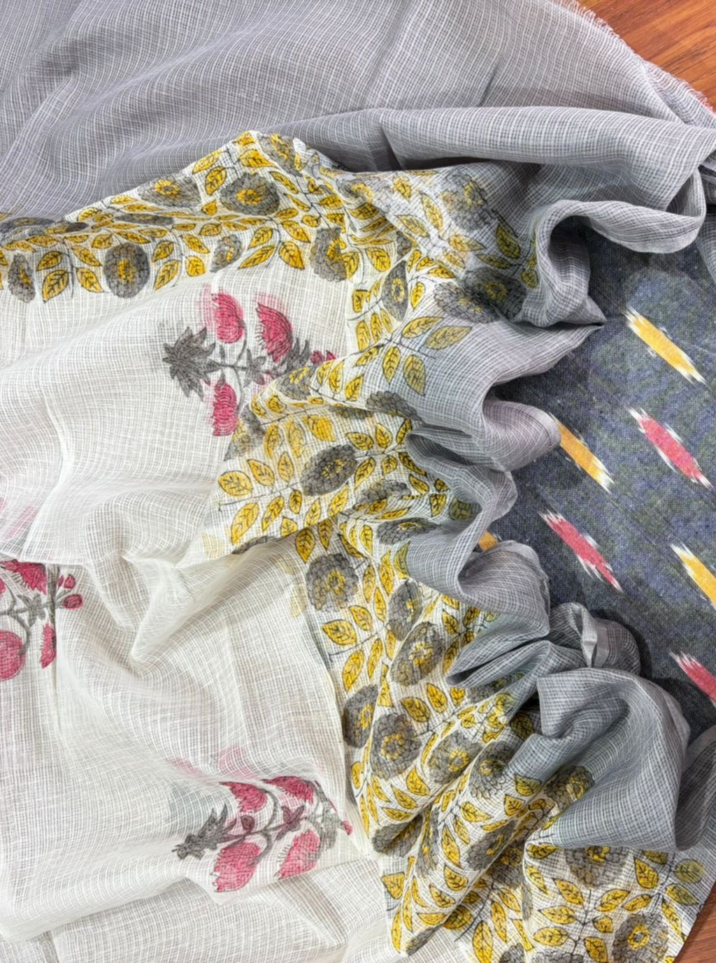 Grey Blossom Ikat Cotton Kurta with Printed Kota Doria Dupatta