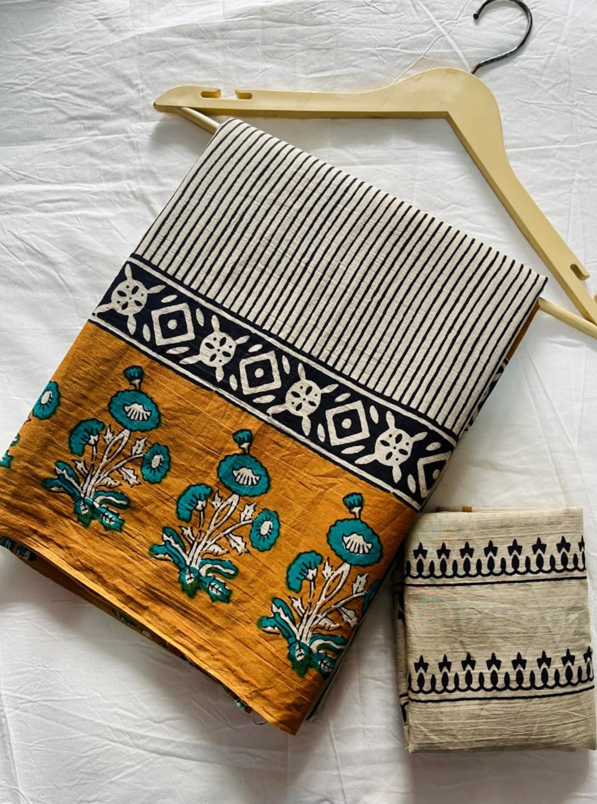 Mustard Handblock Cotton Linen Saree