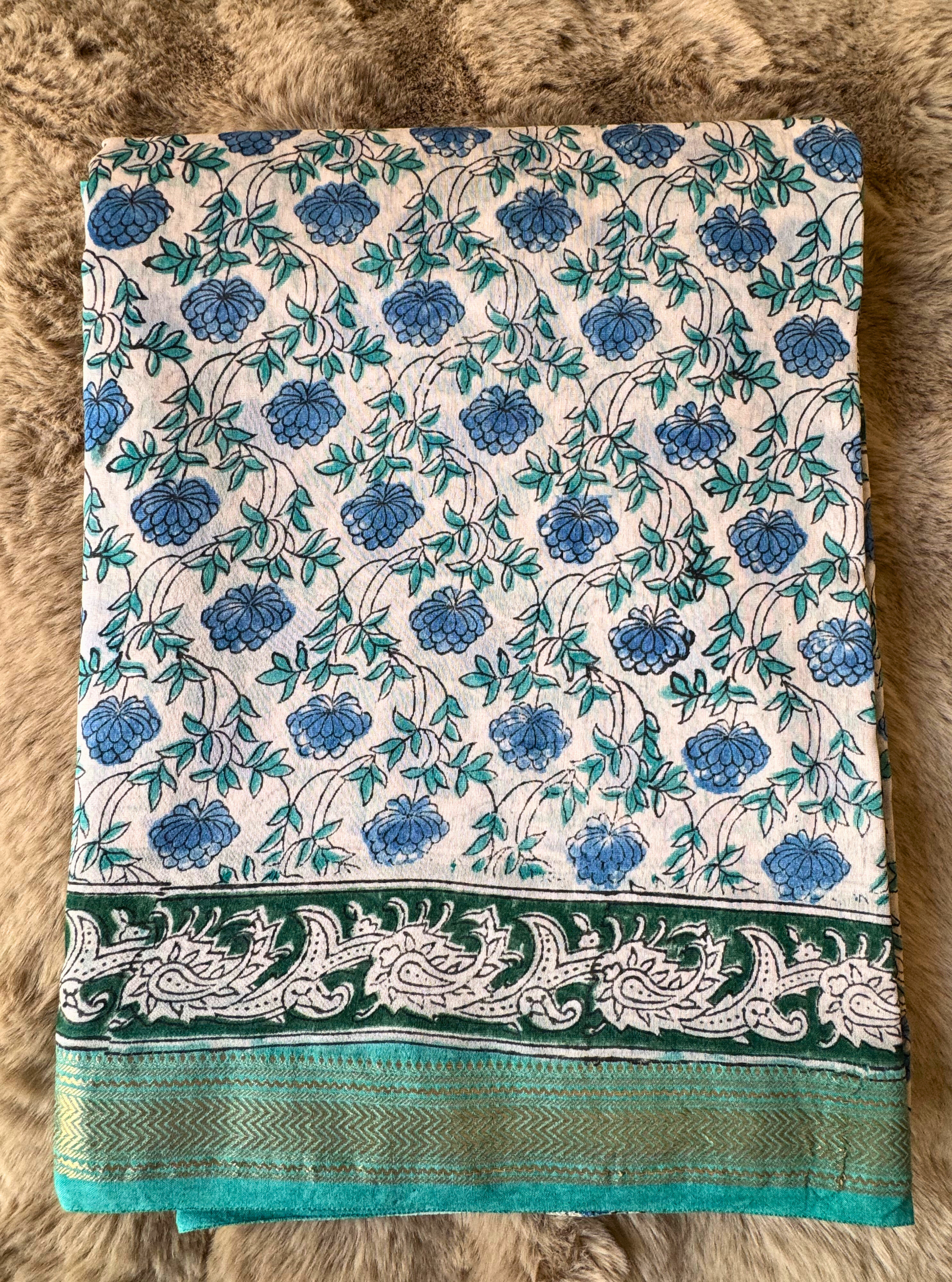 Blue Bloom Maheshwari Silk Blockprint Saree