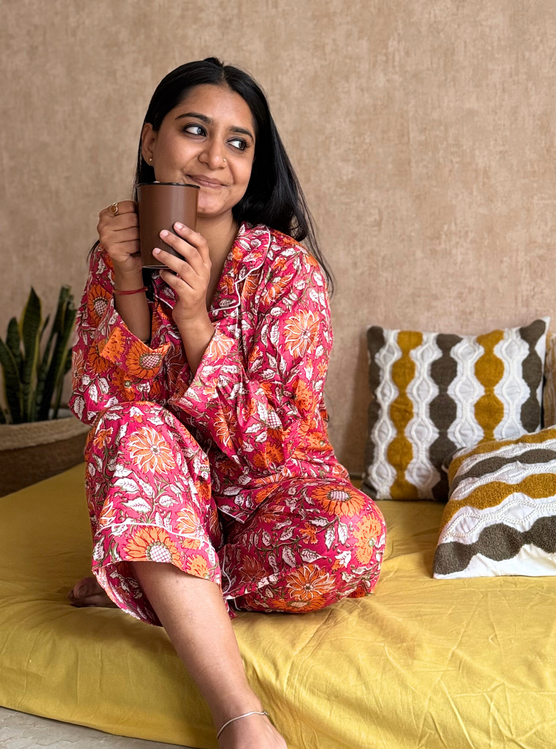Orange Bloom Blockprint Nightsuit