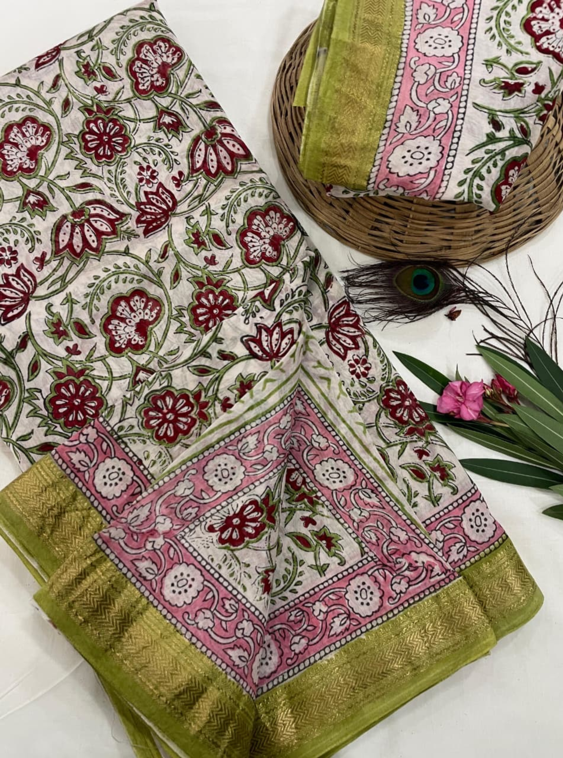 Gulab-Bela Handblock Maheshwari Silk Saree