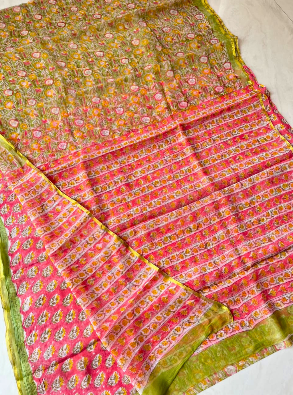 Olive Green Chiffon Handblock Saree