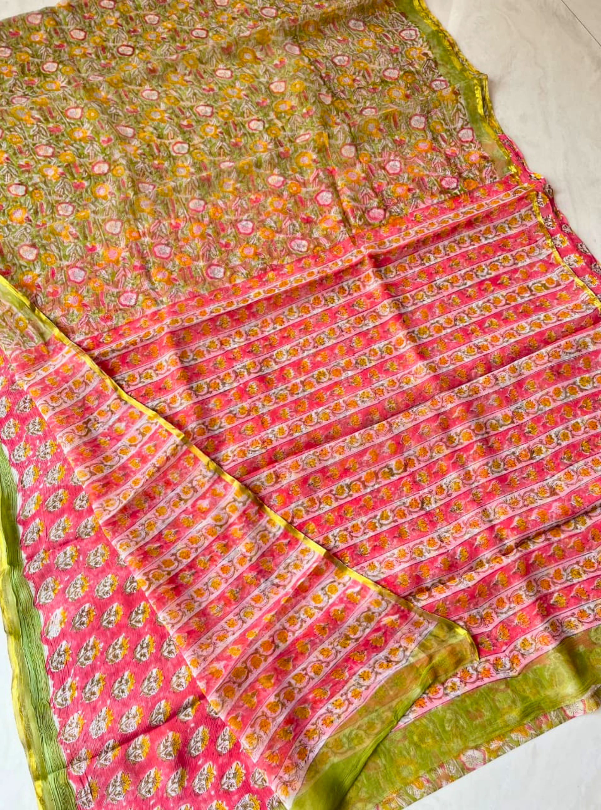 Olive Green Chiffon Handblock Saree