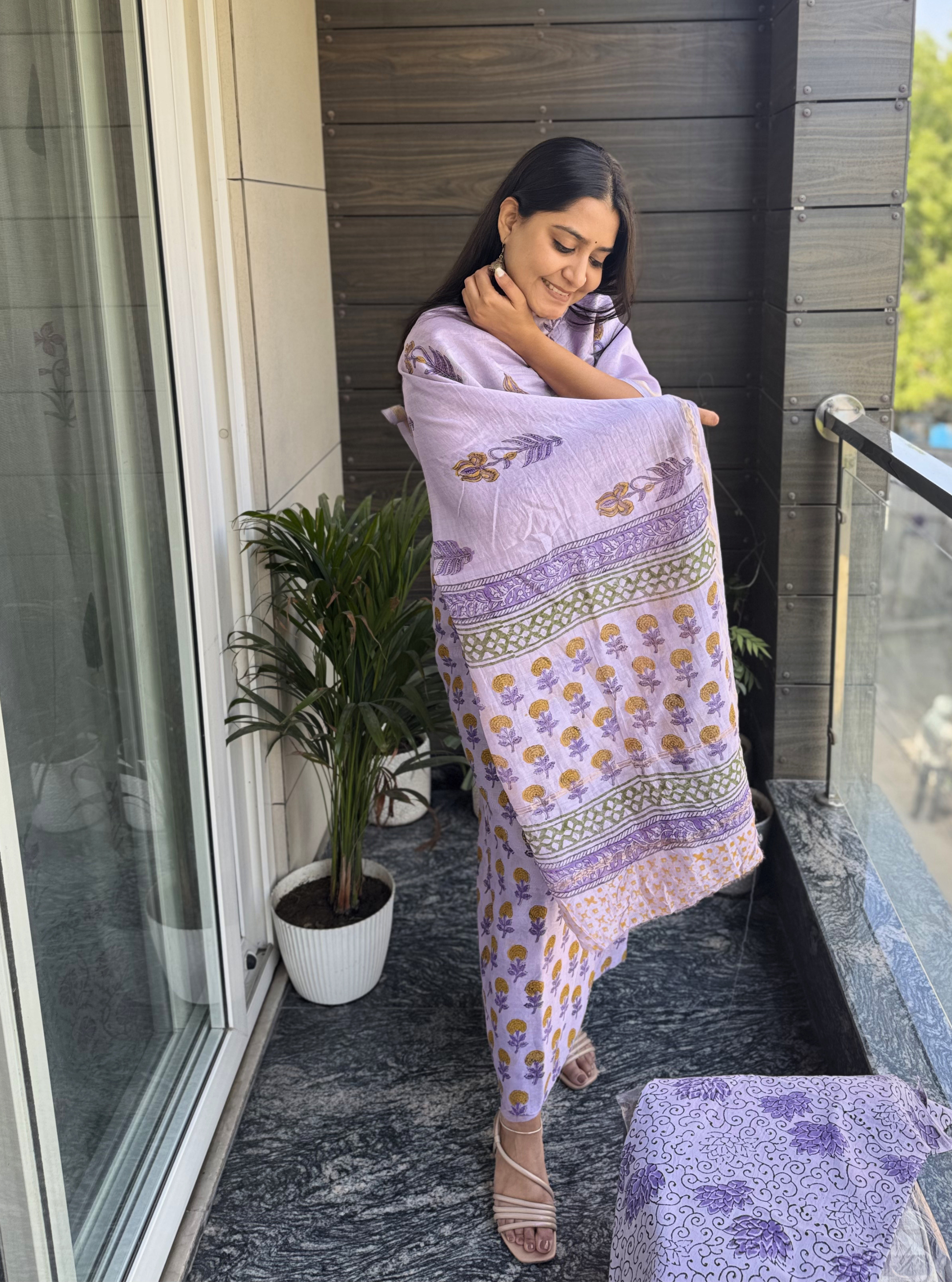 Lavender Floral Handblock Chanderi Suit Set
