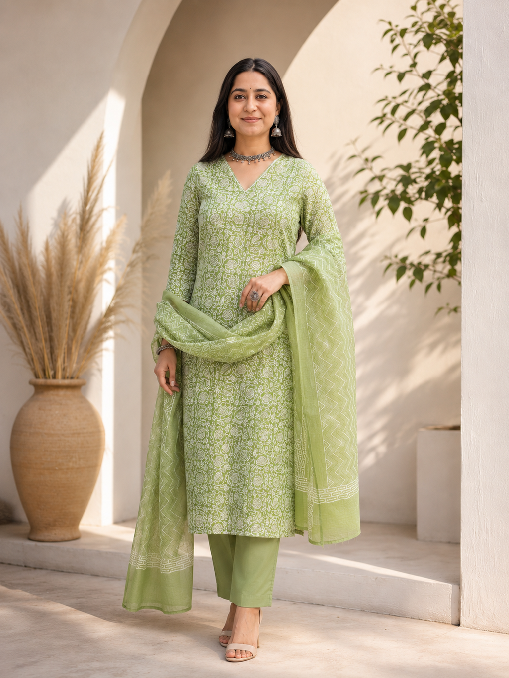Soft Green Kota Doria Discharge unstitched Suit Set