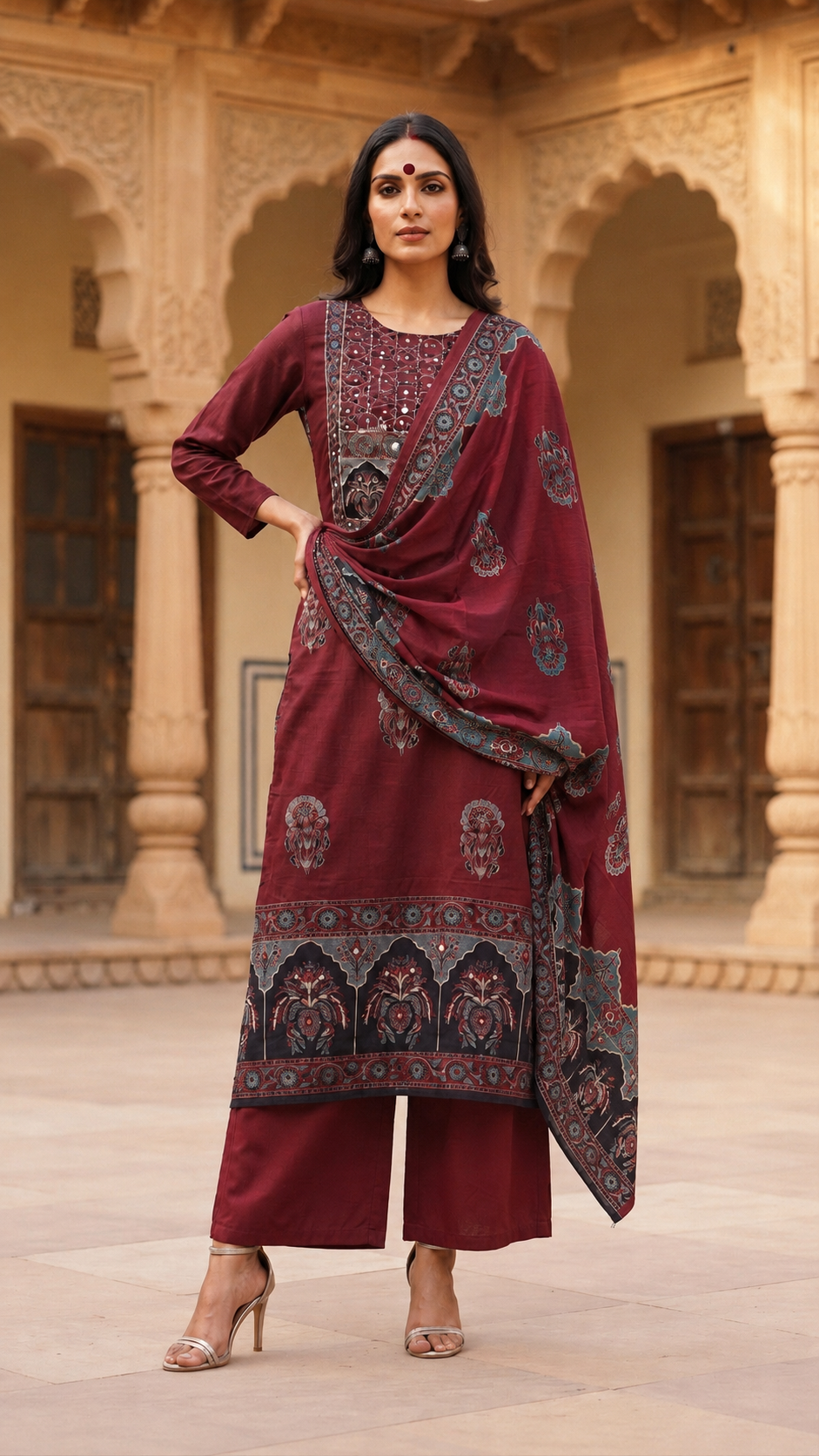 Gulposh Ajrakh 3 piece unstitched suit set