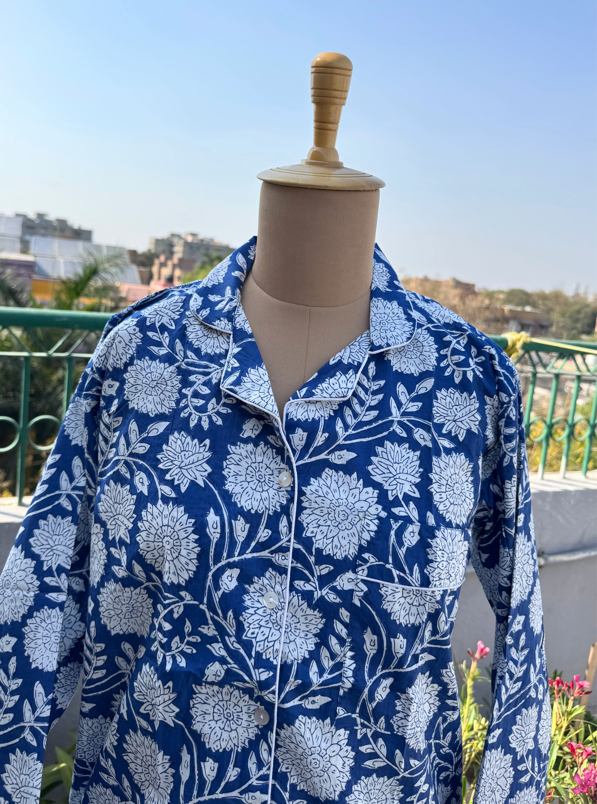 Blue White Marigold Blockprint Nightsuit