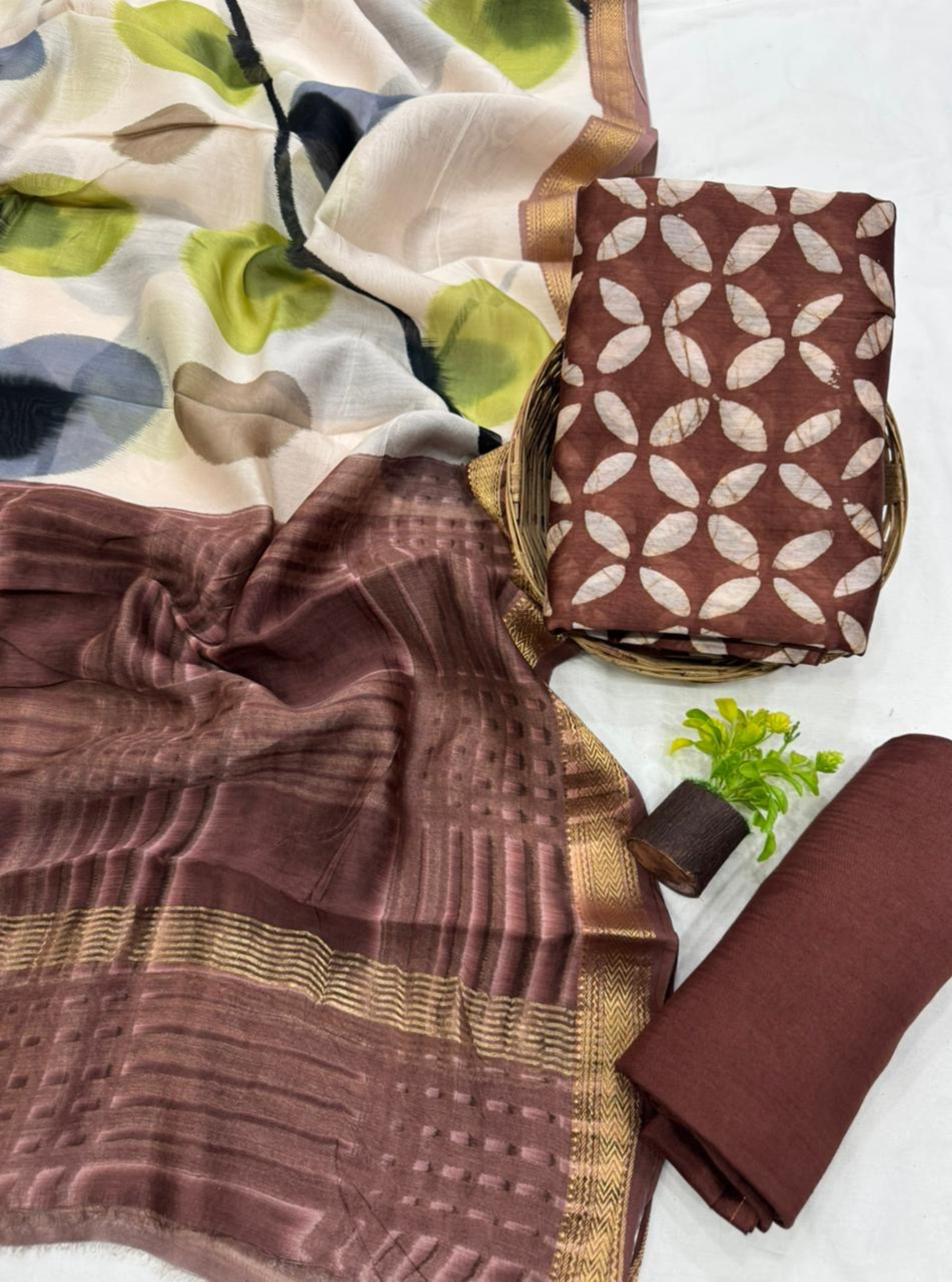 Coffee Bloom Maheshwari Handblock Suit Set