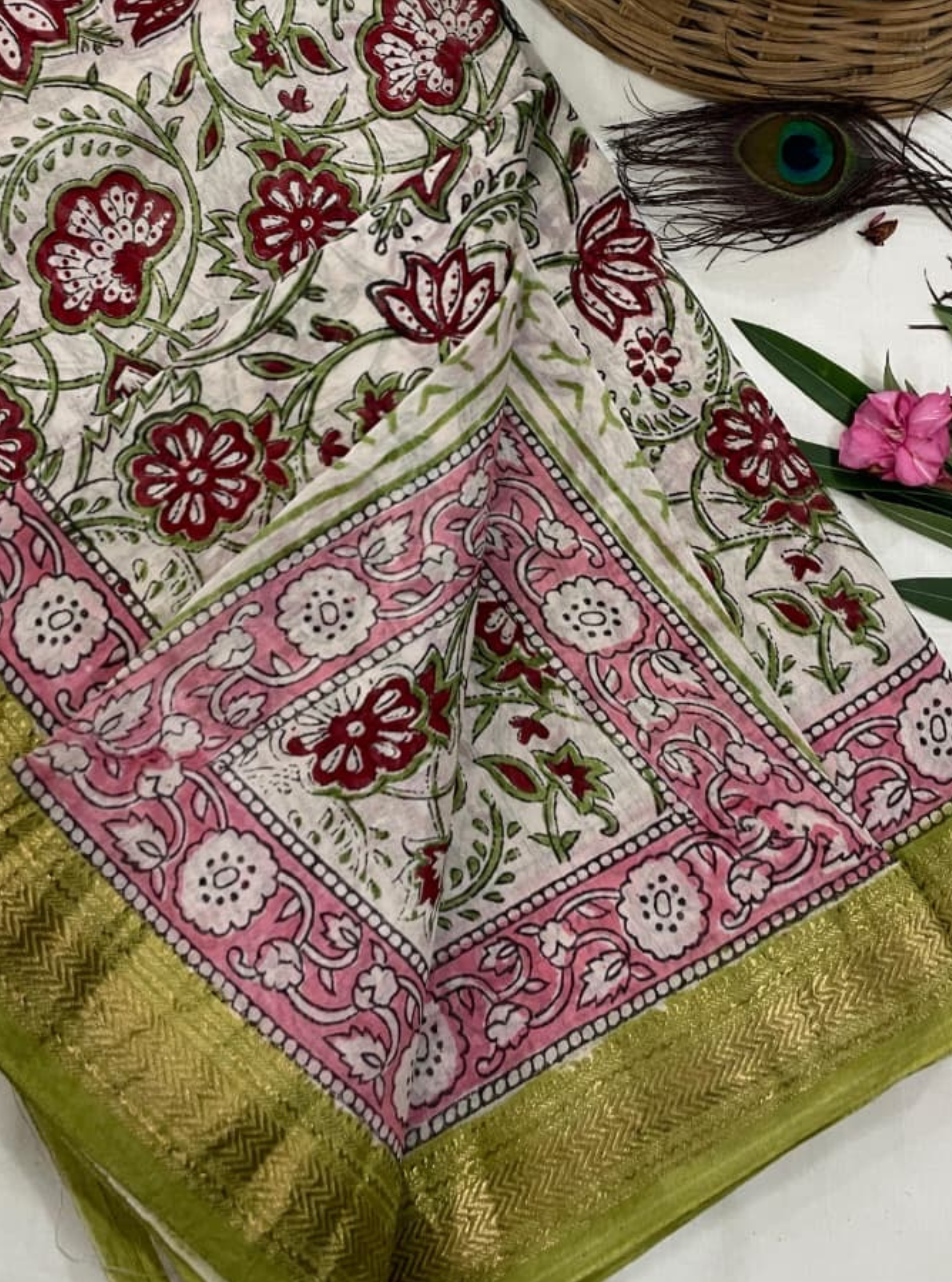 Gulab-Bela Handblock Maheshwari Silk Saree