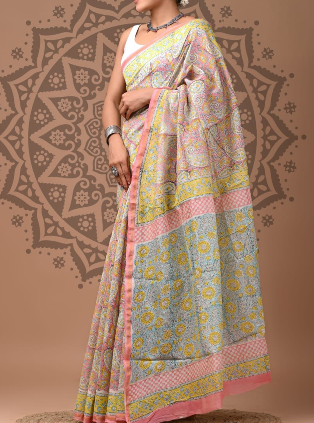 Pastel Pink Chanderi Handblock Saree