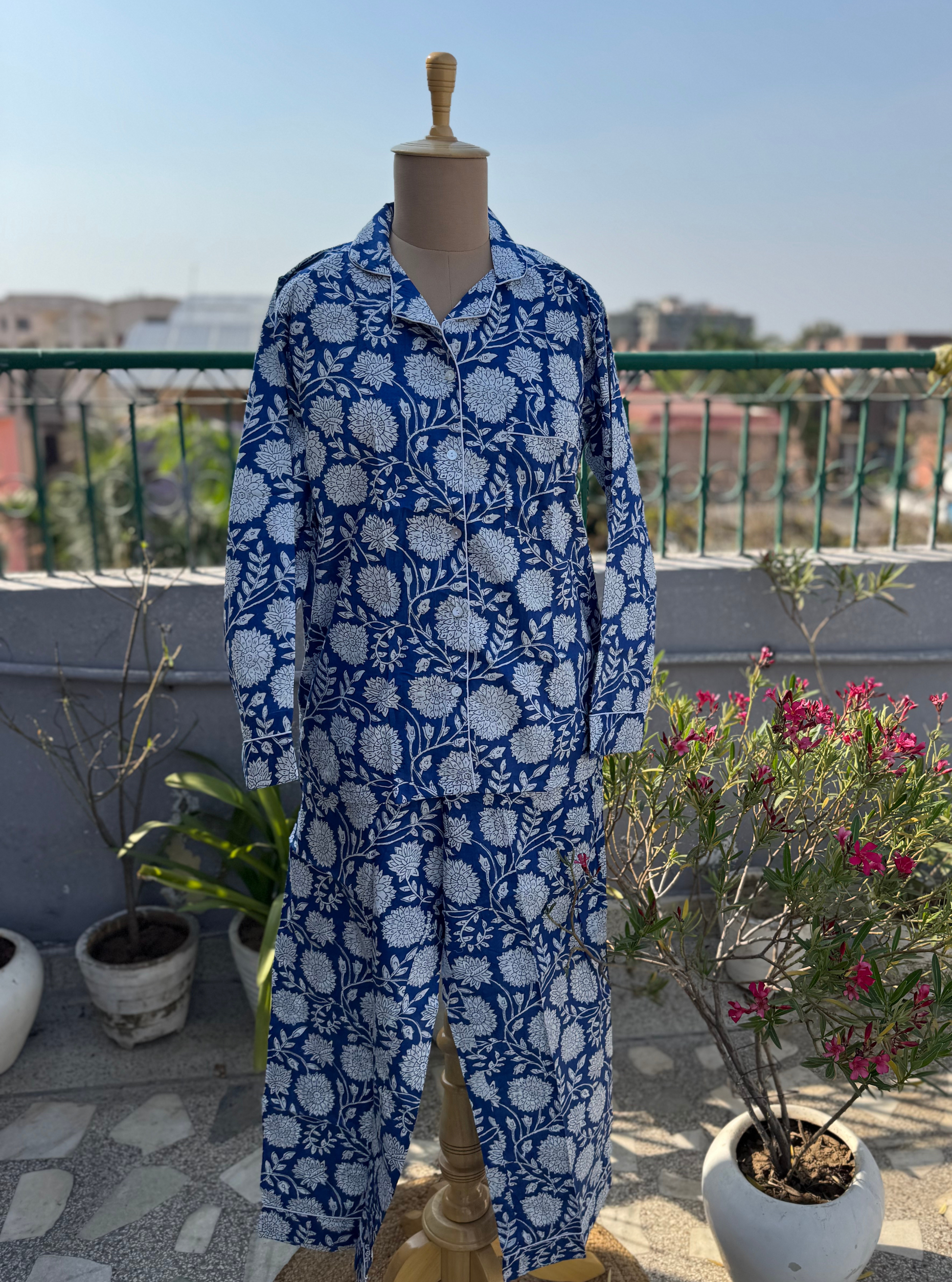 Blue White Marigold Blockprint Nightsuit