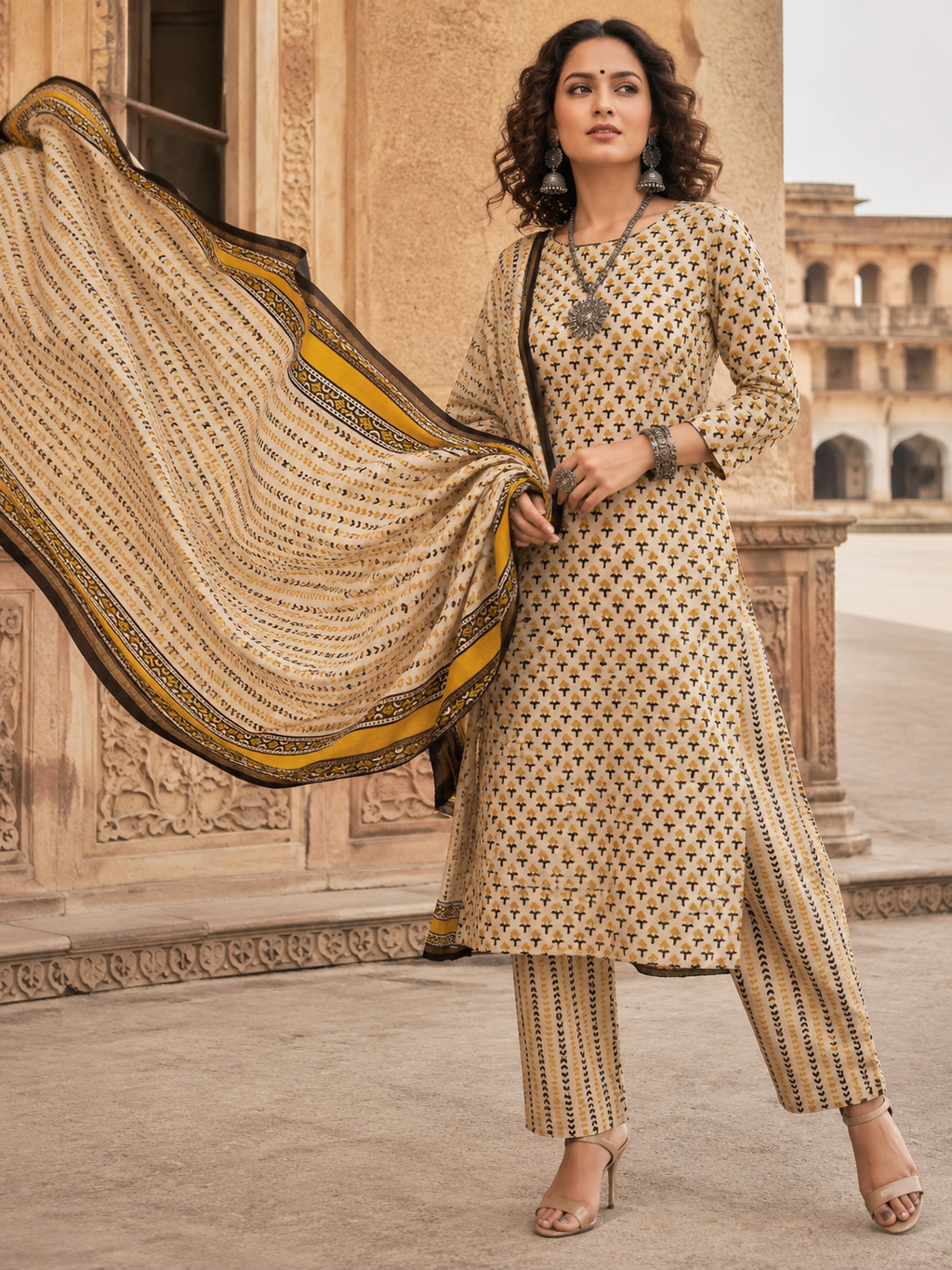 Meher Chanderi Handblock Printed 3-Piece Unstitched Suit Set
