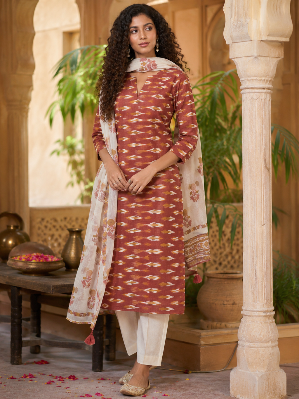 Rust orange Ikat Cotton Kurta with Printed Kota Doria Dupatta