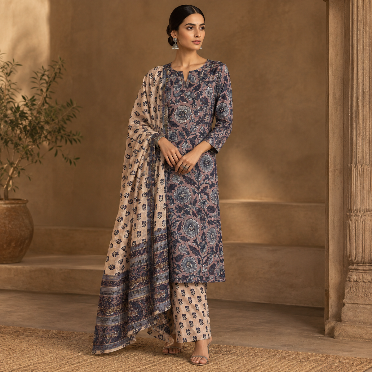 Mauve Gul Chanderi Handblock 3-Piece Unstitched Suit Set