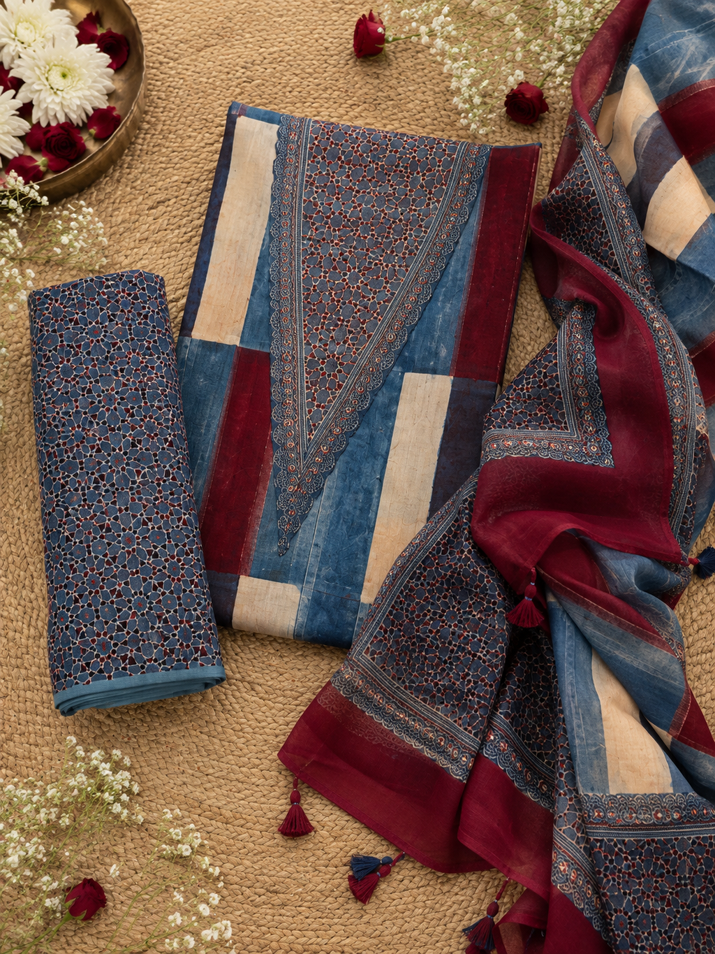 Noor Indigo Ajrakh Modal 3pc Unstitched Suit Set
