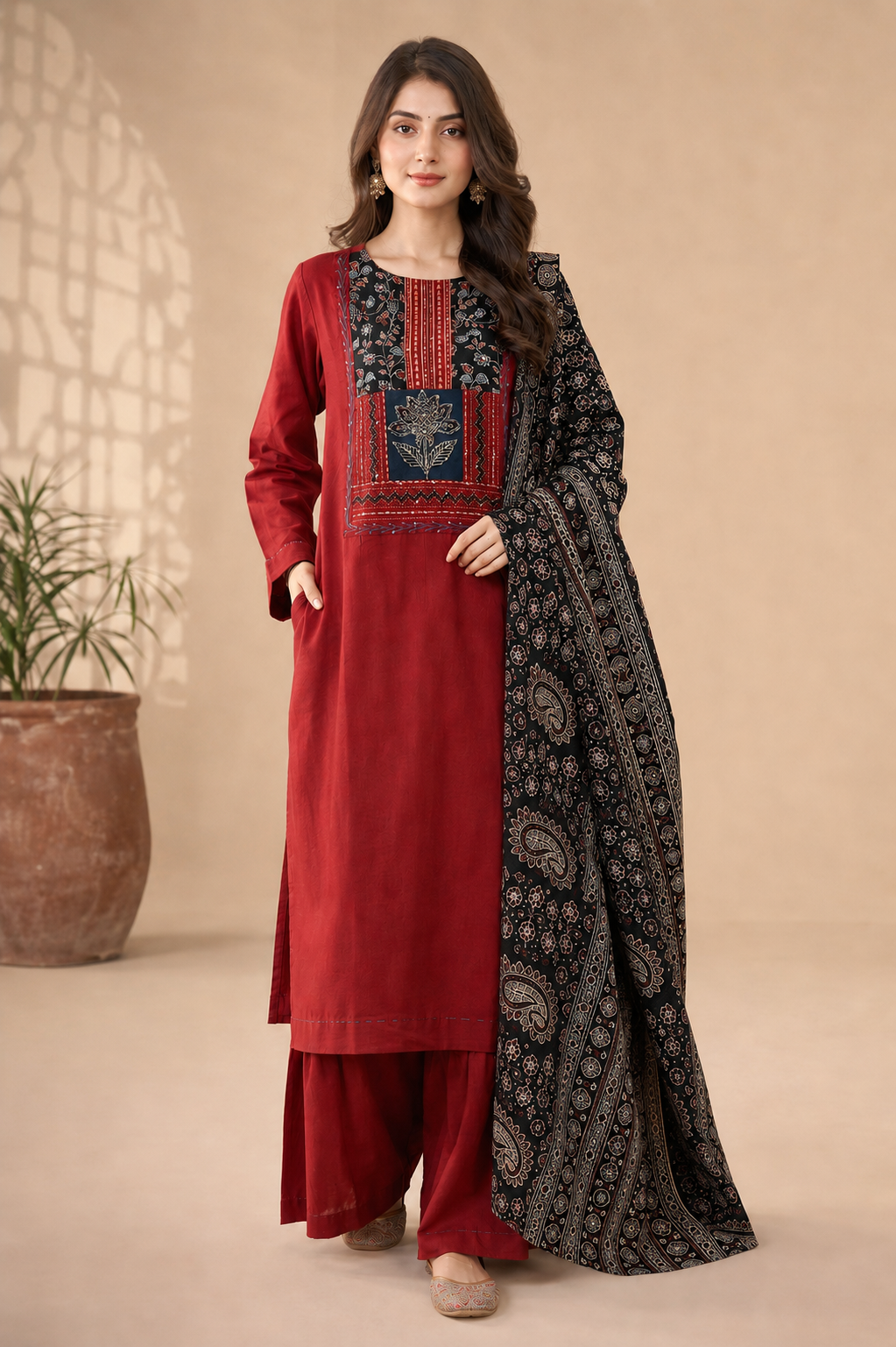 Ruhani Red Ajrakh Cotton Suit Set