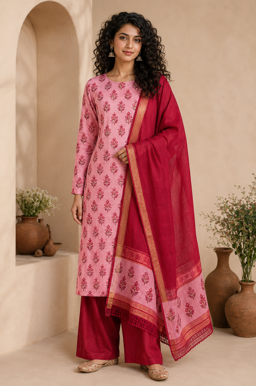 Kaveri Red Mangalagiri Cotton Suit Set