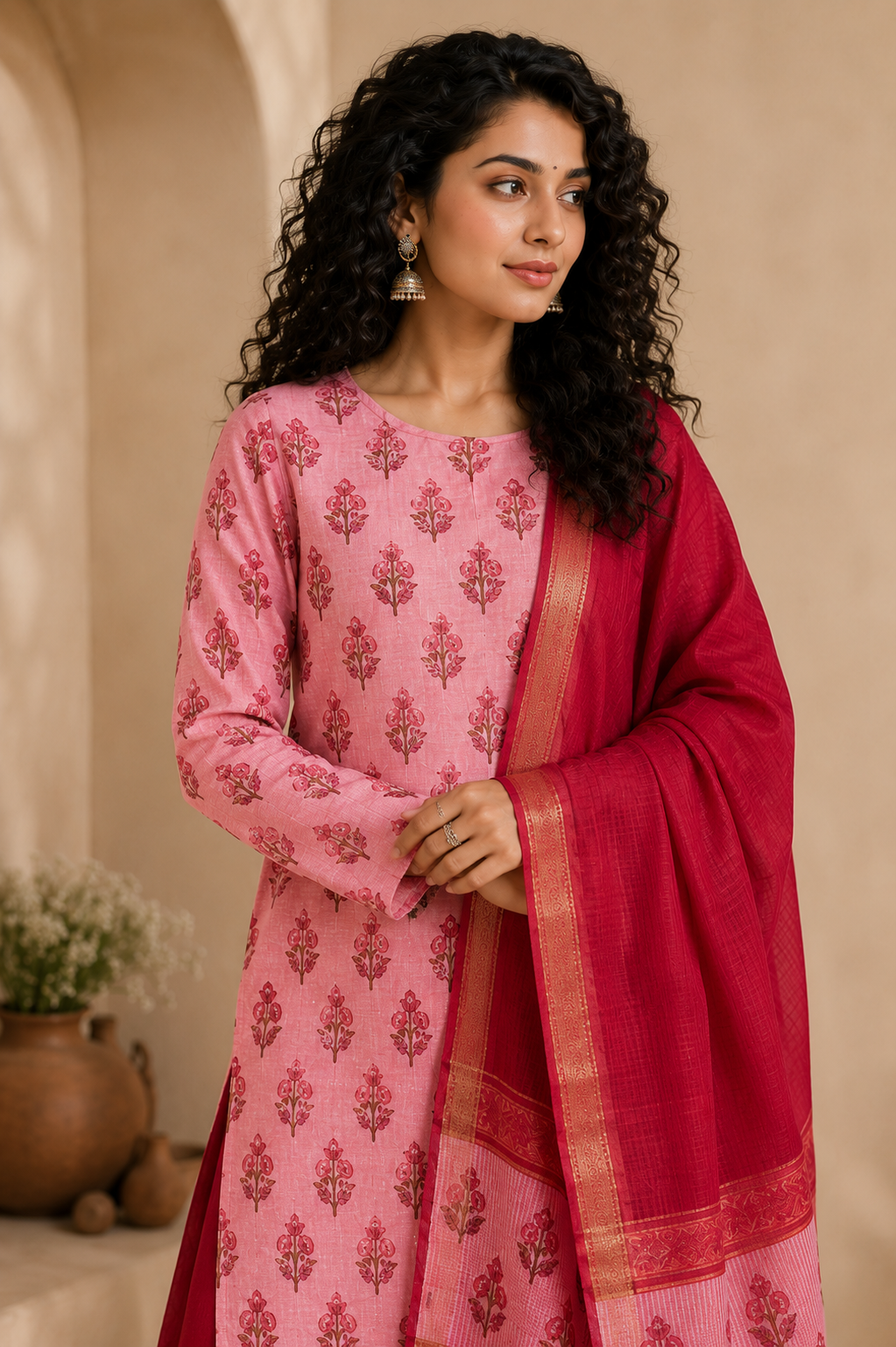 Kaveri Red Mangalagiri Cotton Suit Set