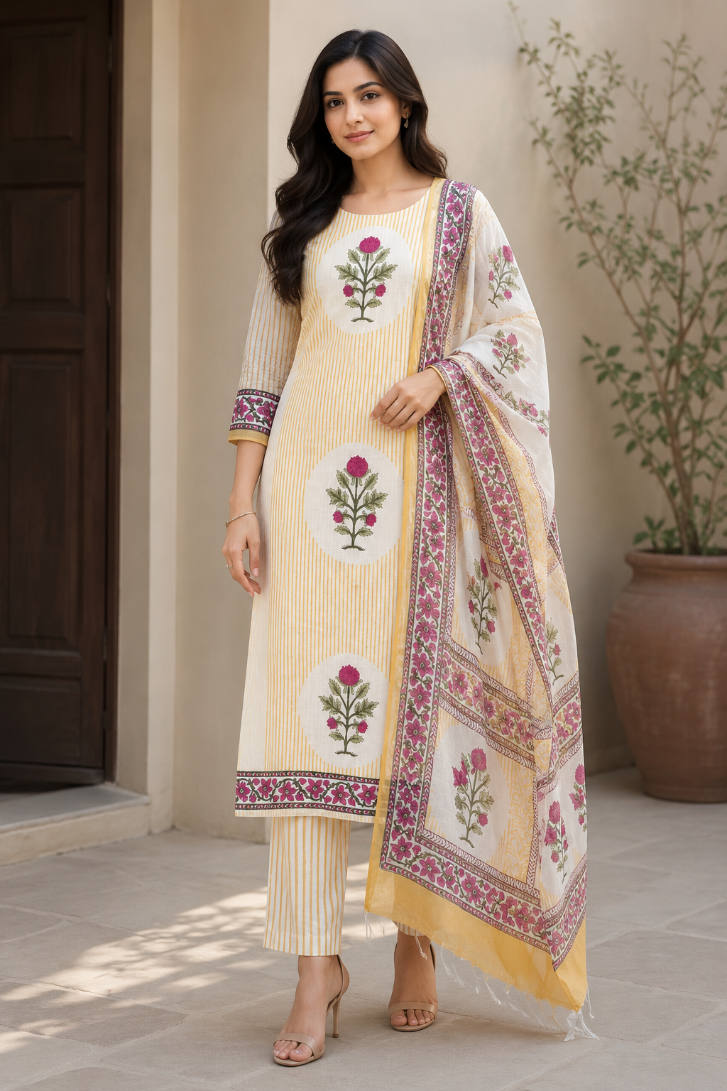 Yellow White Handblock Cotton Mul Suit Set