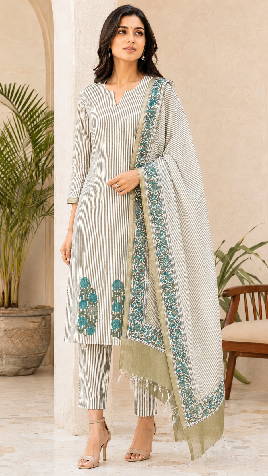 Bagh White Handblock Cotton mul suit set