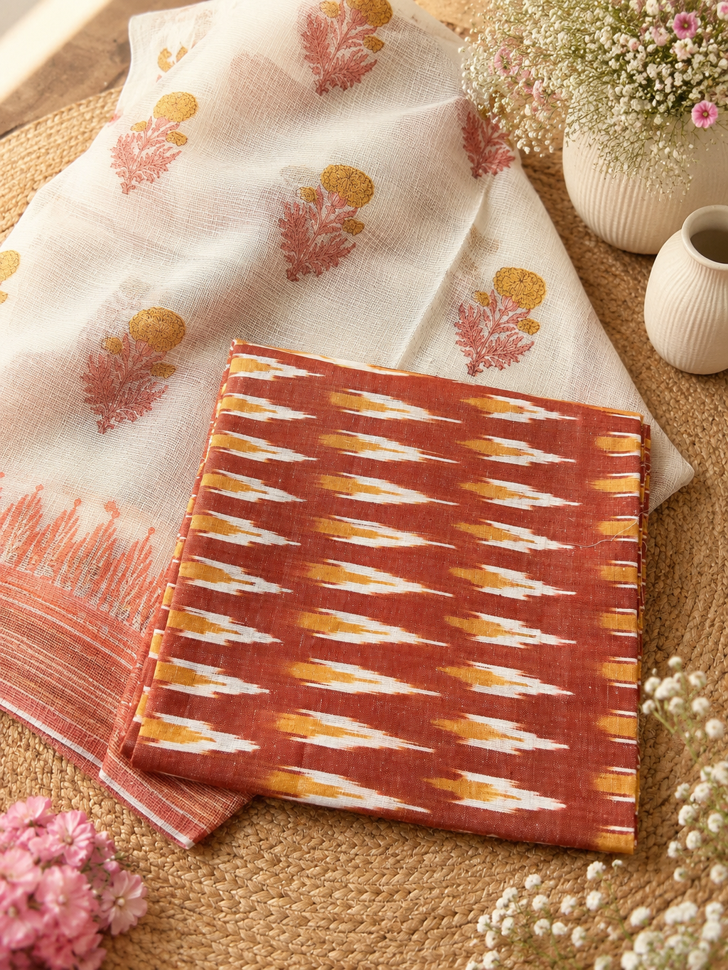 Rust orange Ikat Cotton Kurta with Printed Kota Doria Dupatta