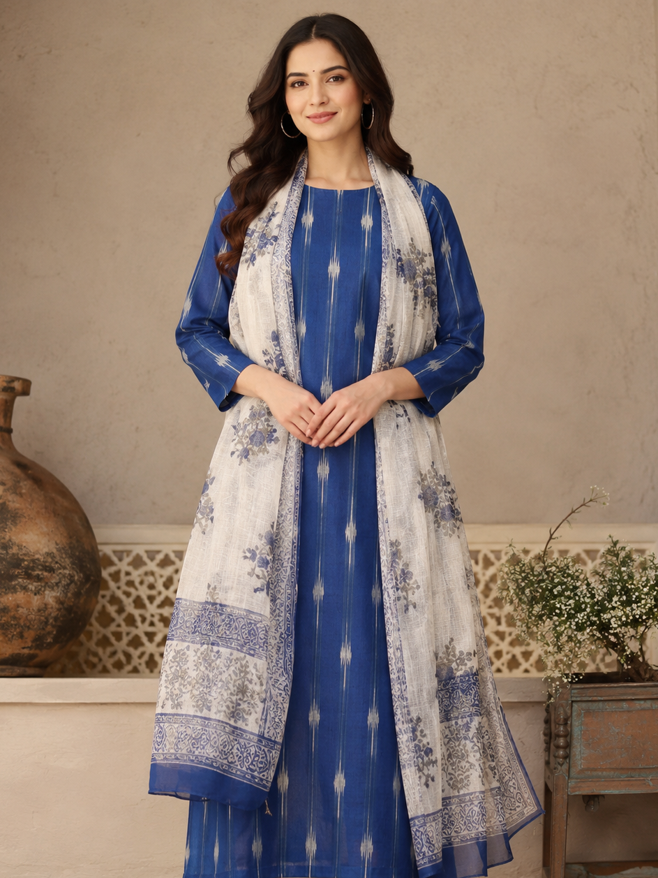 Neel Ikat Cotton Kurta with Printed Kota Doria Dupatta