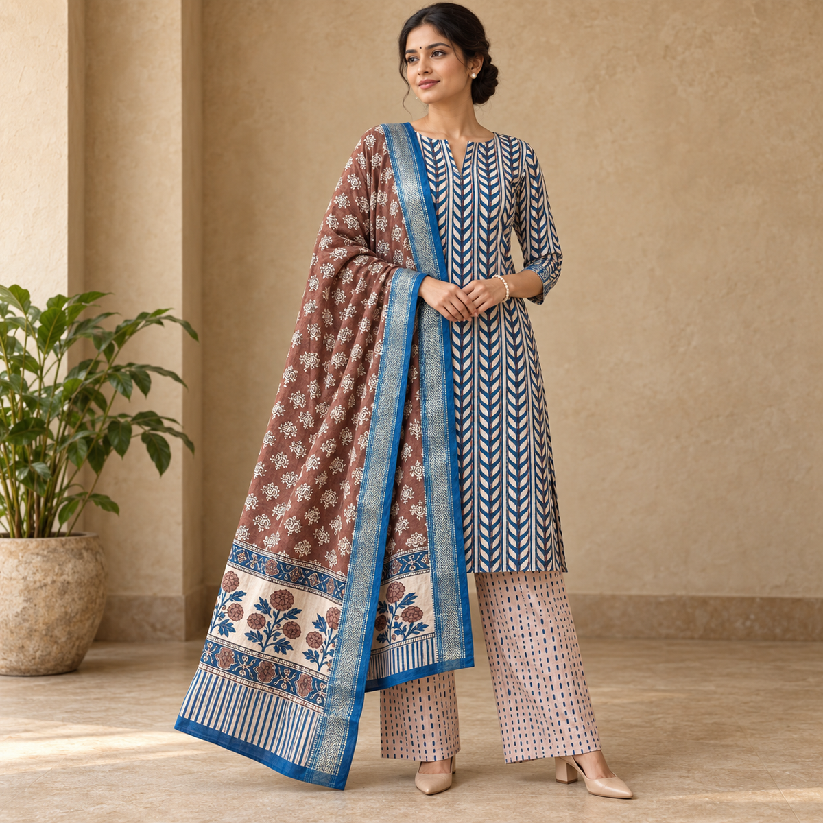Neel Bagh Maheshwari Handblock 3-Piece Unstitched Suit Set