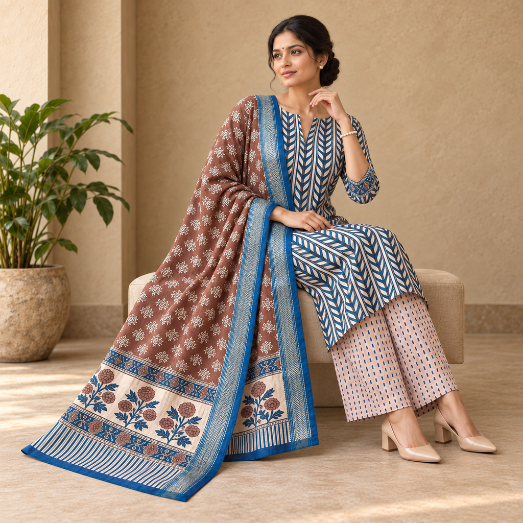 Neel Bagh Maheshwari Handblock 3-Piece Unstitched Suit Set