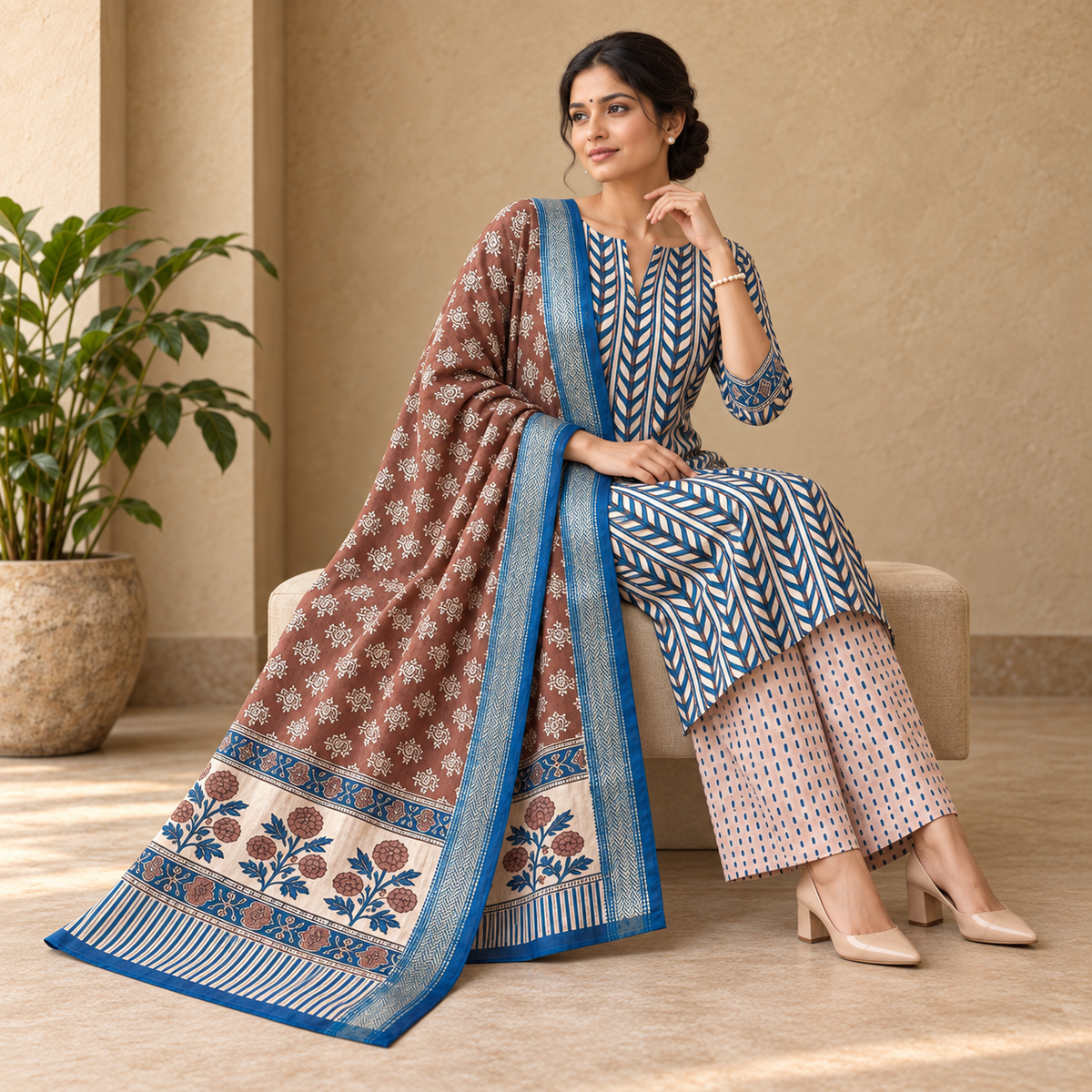 Neel Bagh Maheshwari Handblock 3-Piece Unstitched Suit Set