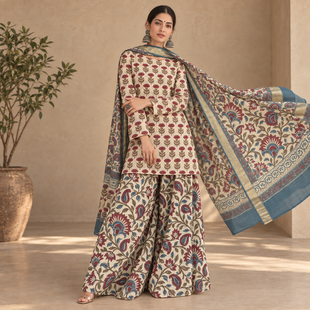 Gulbahar Ivory Maheshwari Handblock 3-Piece Unstitched Suit Set