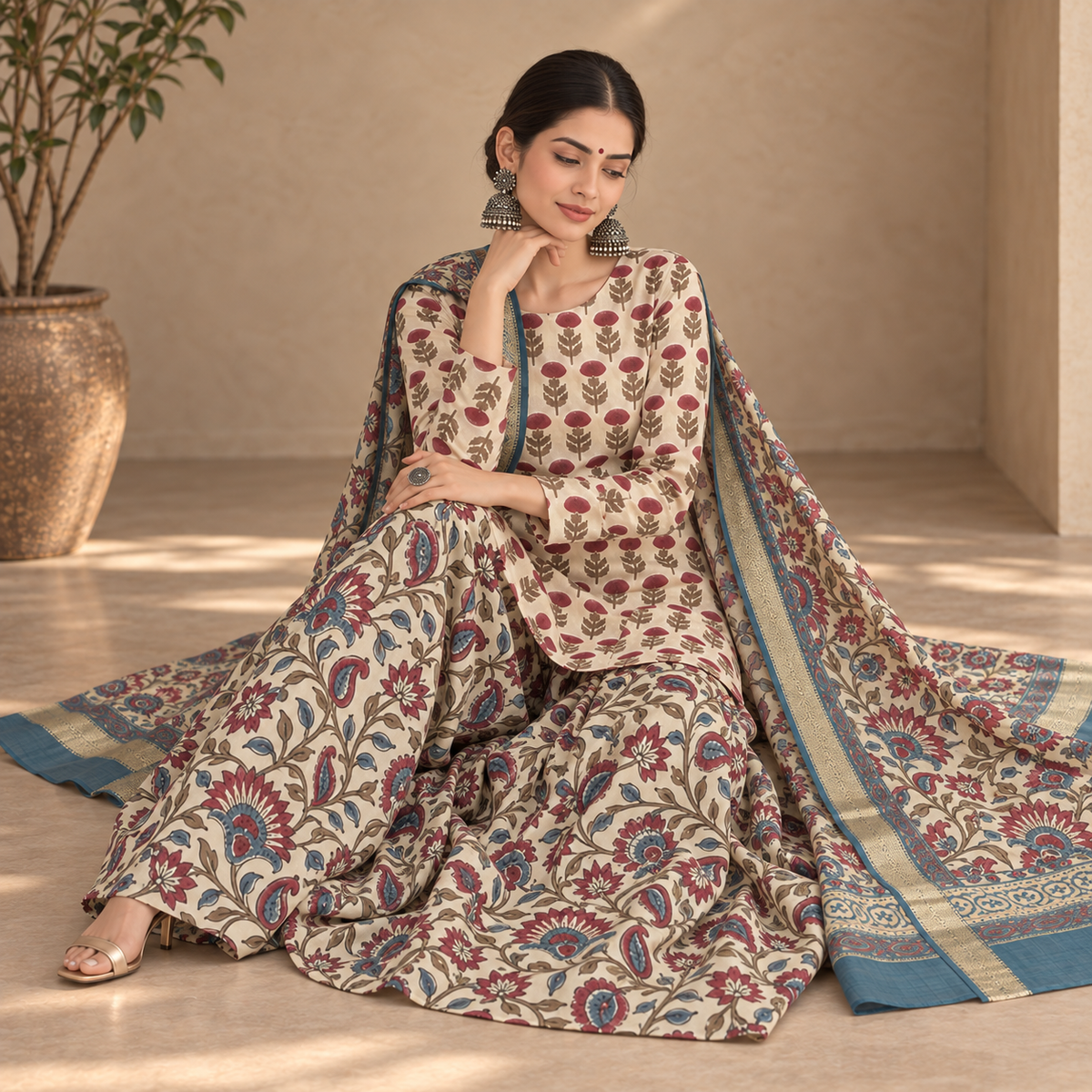 Gulbahar Ivory Maheshwari Handblock 3-Piece Unstitched Suit Set
