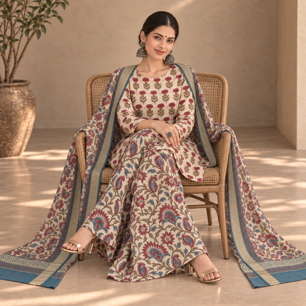 Gulbahar Ivory Maheshwari Handblock 3-Piece Unstitched Suit Set