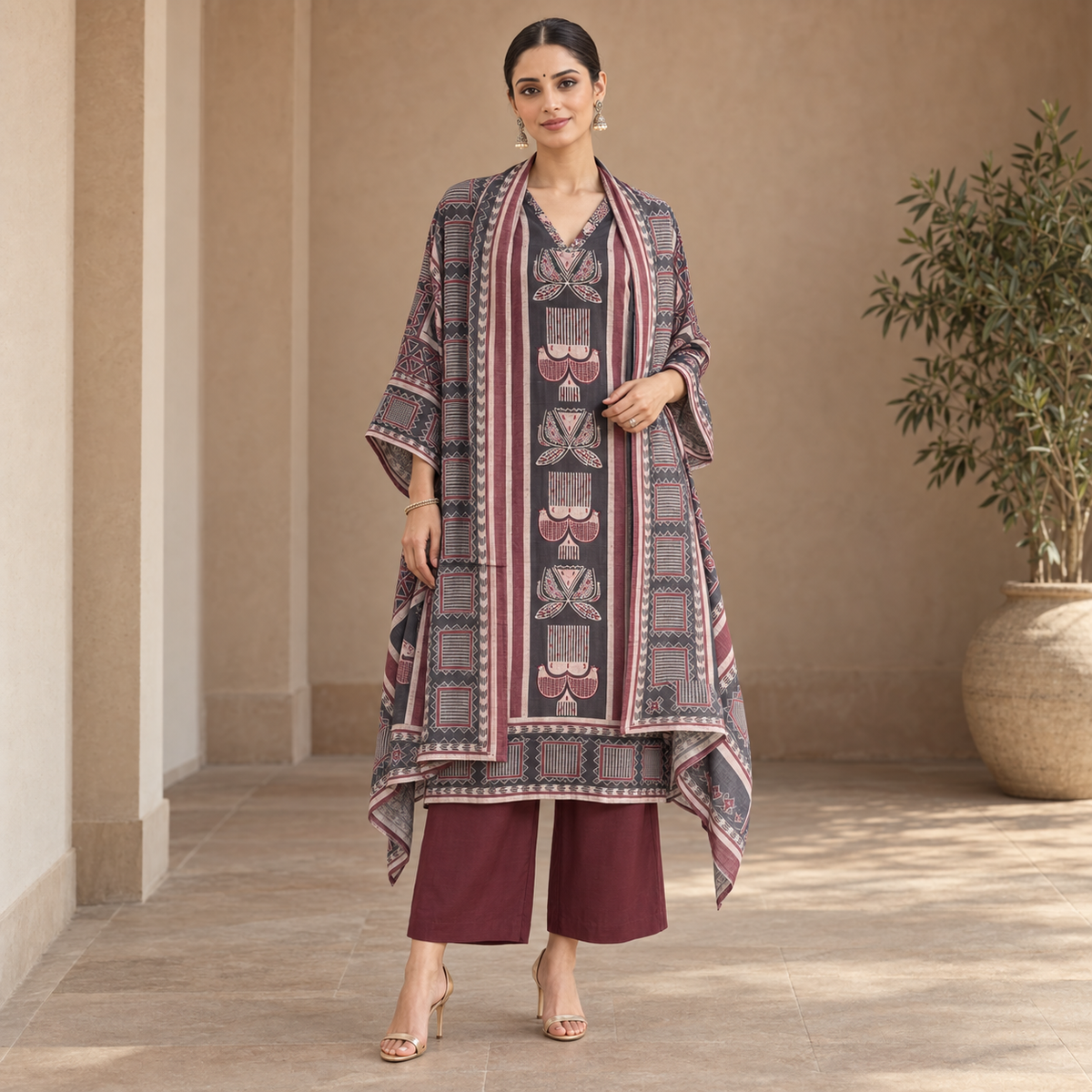 Mehr Maroon Ajrakh Crepe 3-Piece Unstitched Suit Set