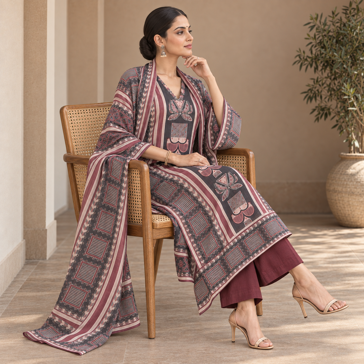 Mehr Maroon Ajrakh Crepe 3-Piece Unstitched Suit Set