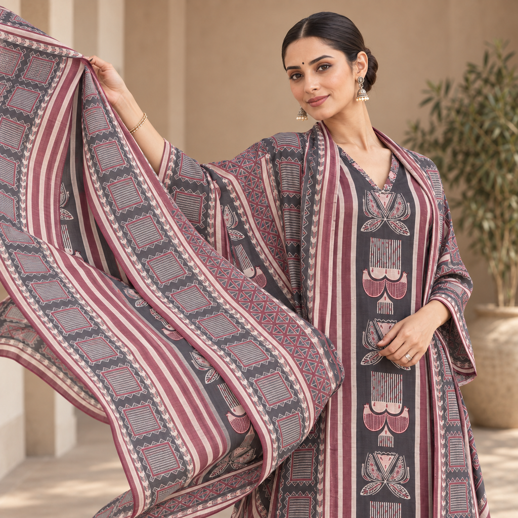 Mehr Maroon Ajrakh Crepe 3-Piece Unstitched Suit Set