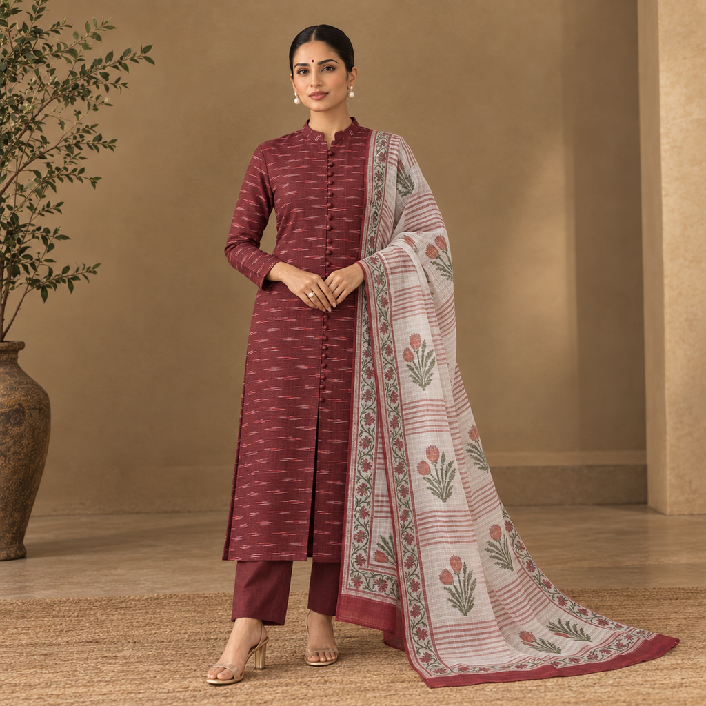 Maroon Ikkat 2 Piece Unstitched Suit with Kota Doria Handblock Dupatta