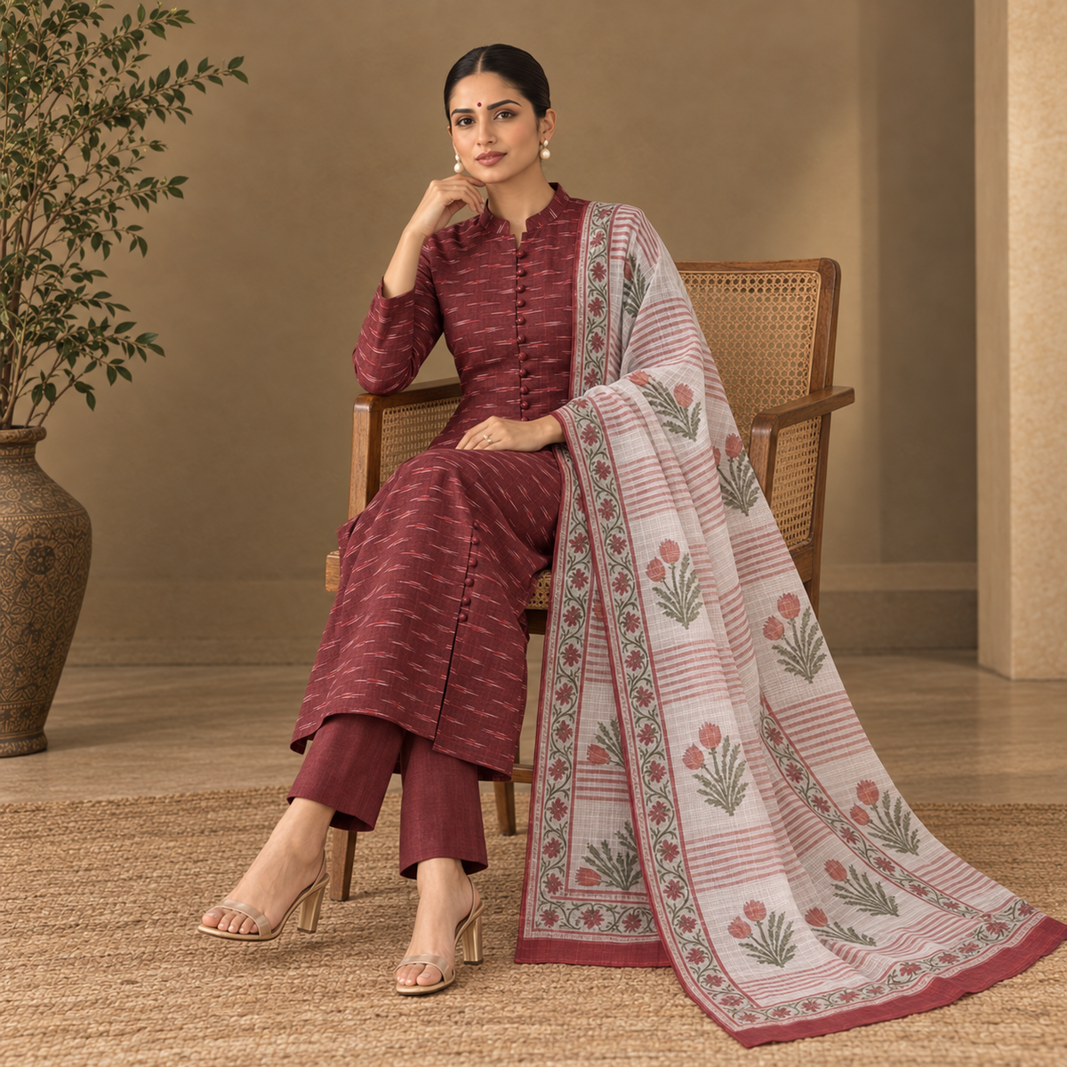 Maroon Ikkat 2 Piece Unstitched Suit with Kota Doria Handblock Dupatta