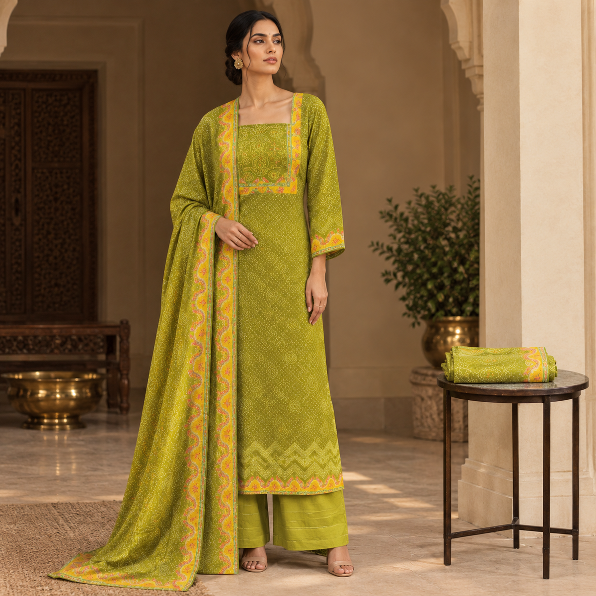 Meher Olive Green Bandhani Crepe 3-Piece Unstitched Suit Set