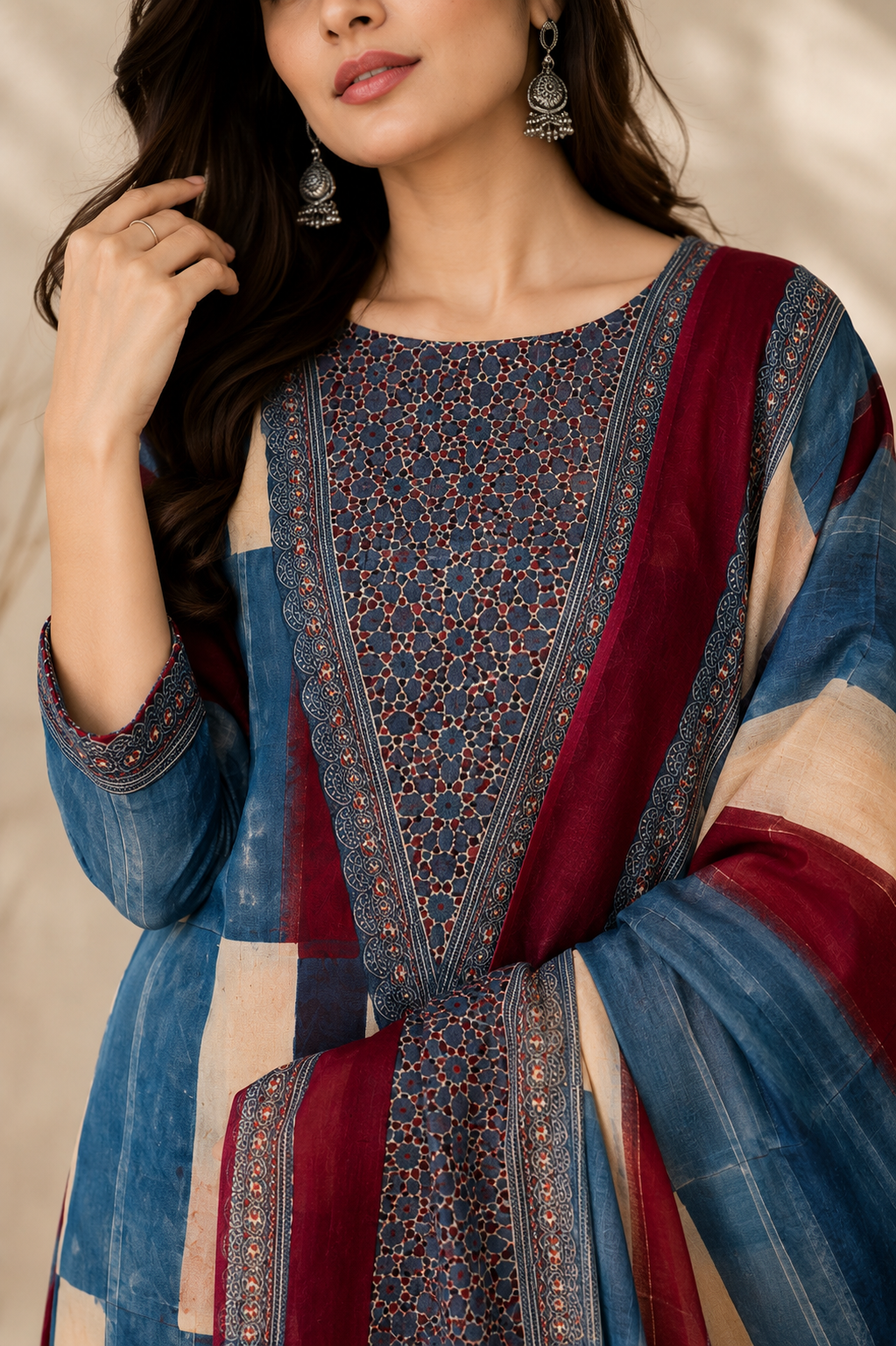 Noor Indigo Ajrakh Modal 3pc Unstitched Suit Set