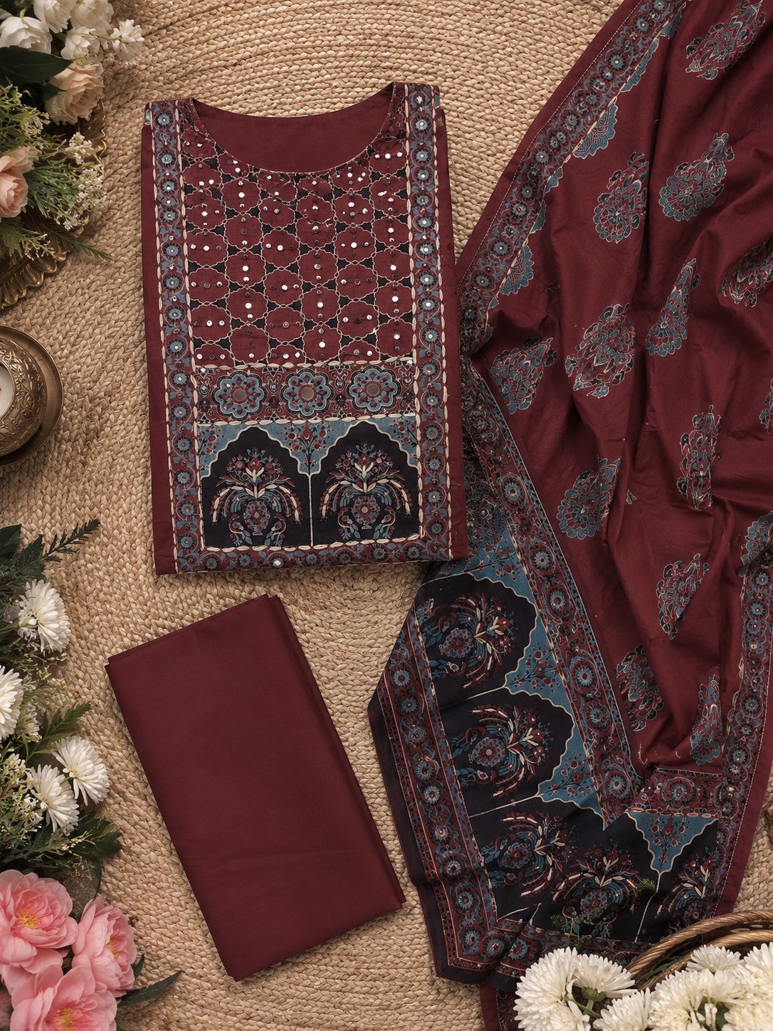 Gulposh Ajrakh 3 piece unstitched suit set