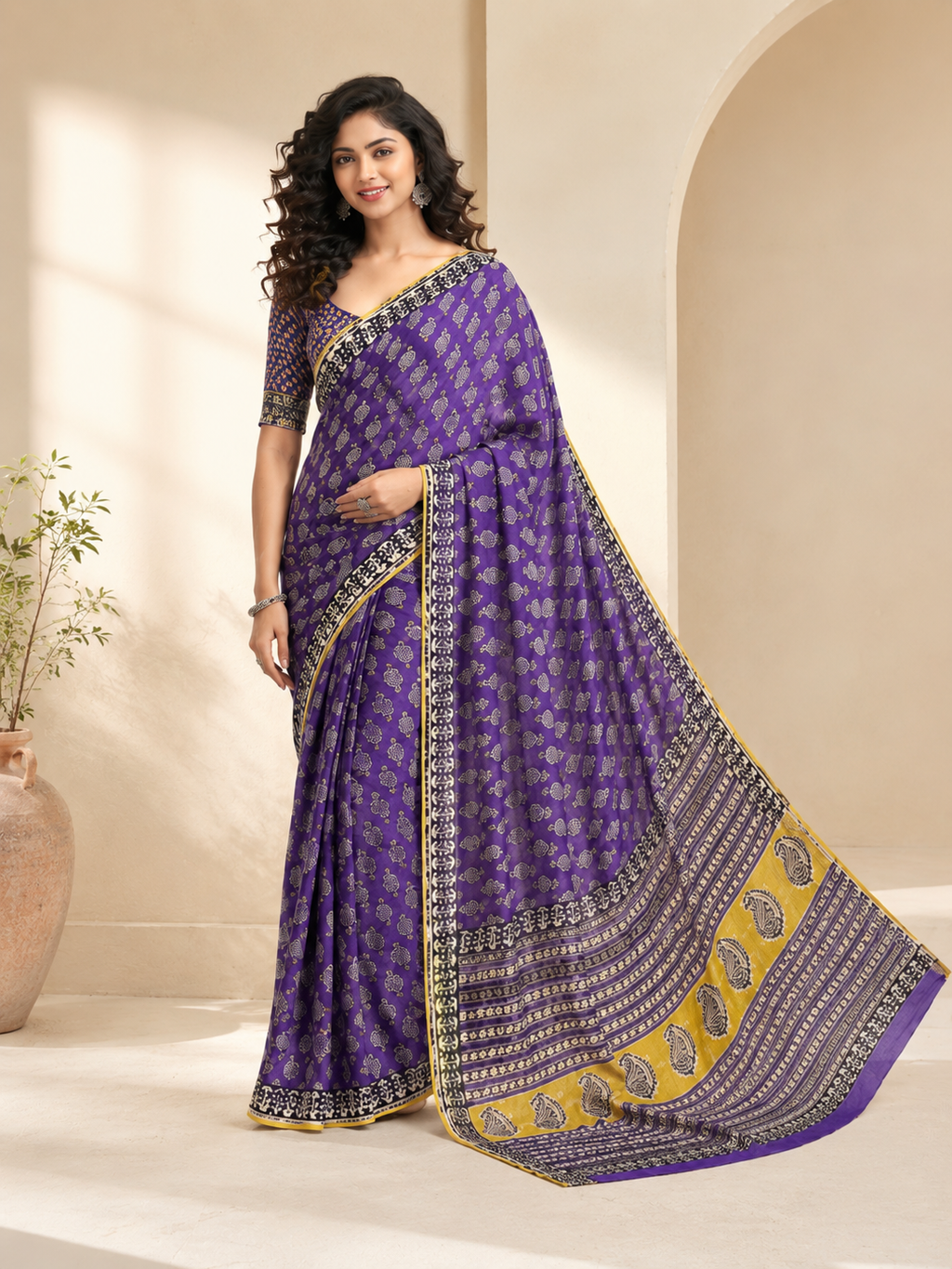 Purple Chiffon Handblock Saree