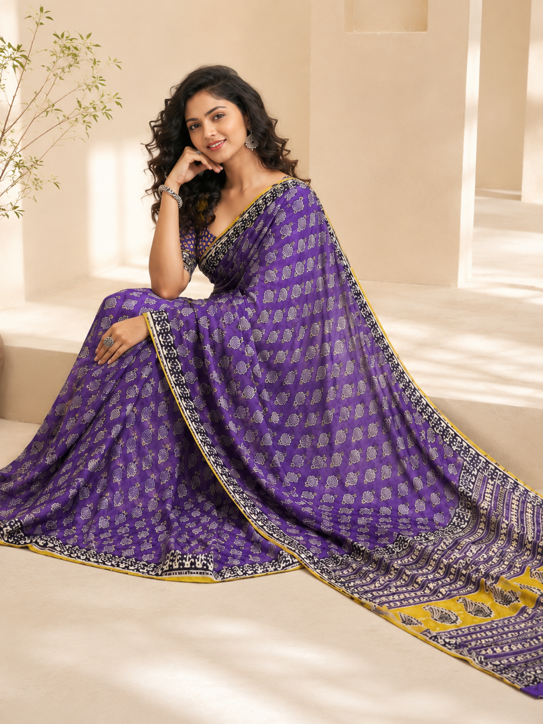 Purple Chiffon Handblock Saree