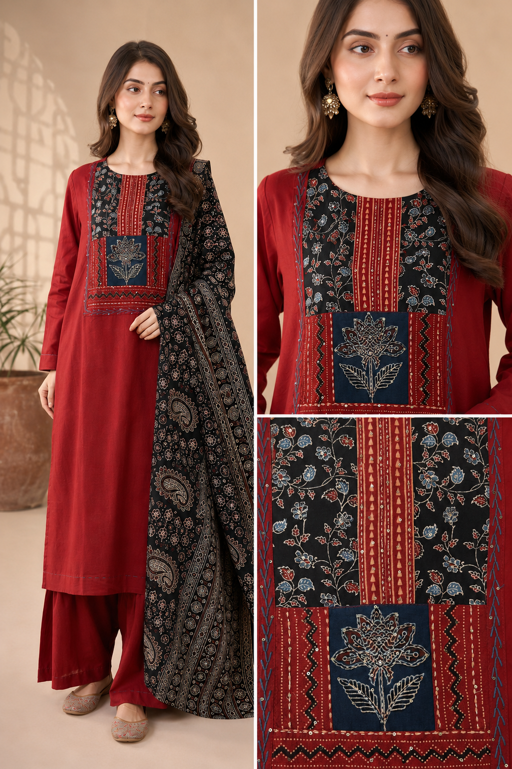 Ruhani Red Ajrakh Cotton Suit Set