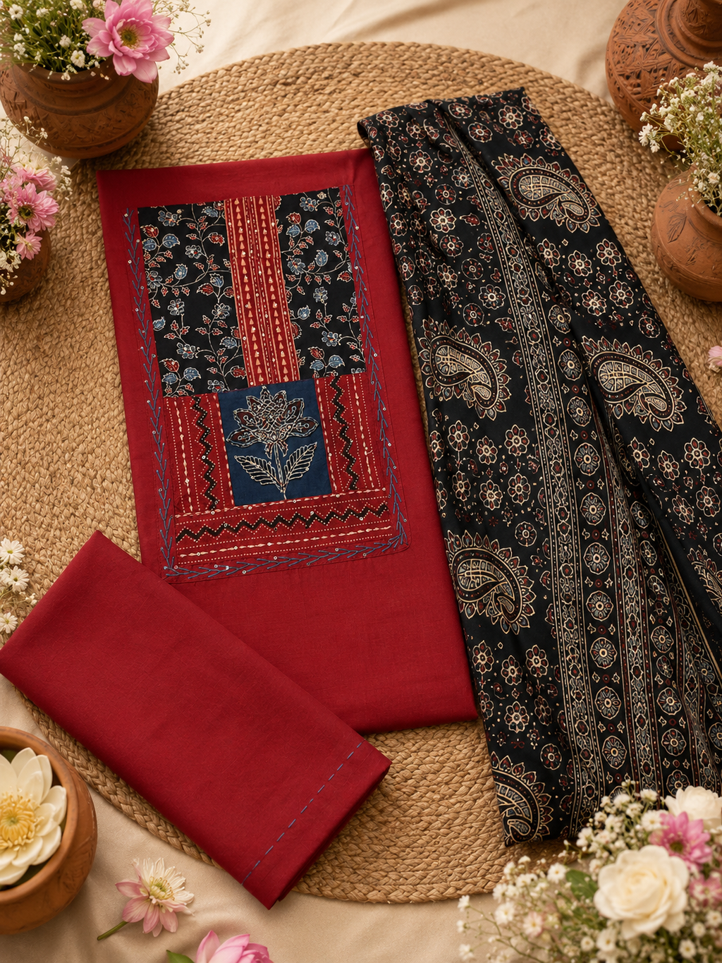 Ruhani Red Ajrakh Cotton Suit Set
