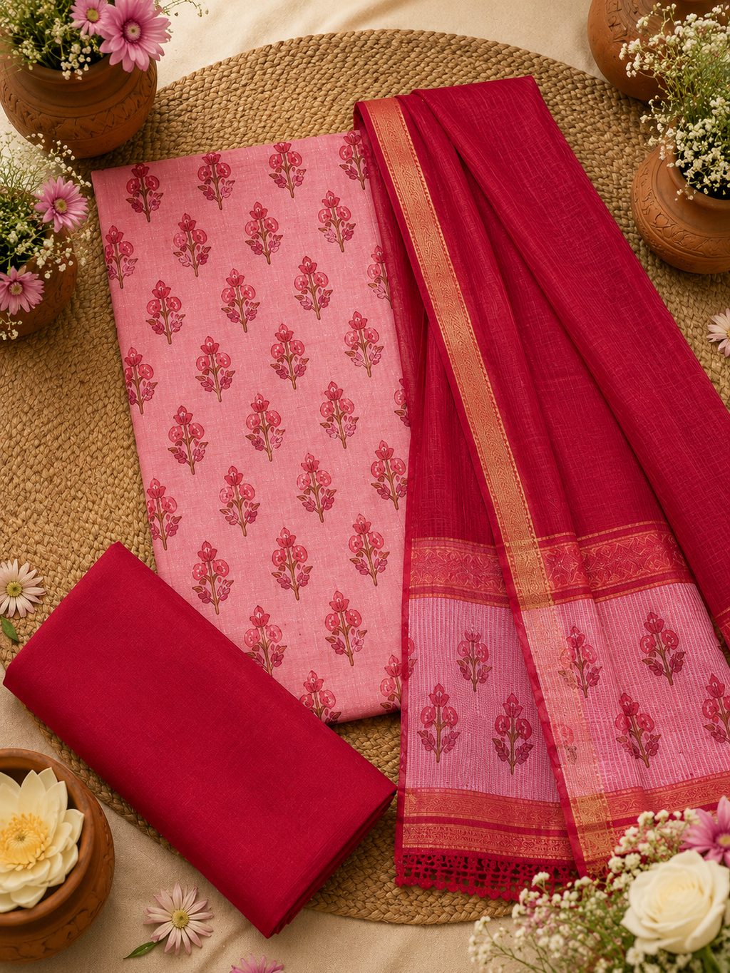 Kaveri Red Mangalagiri Cotton Suit Set
