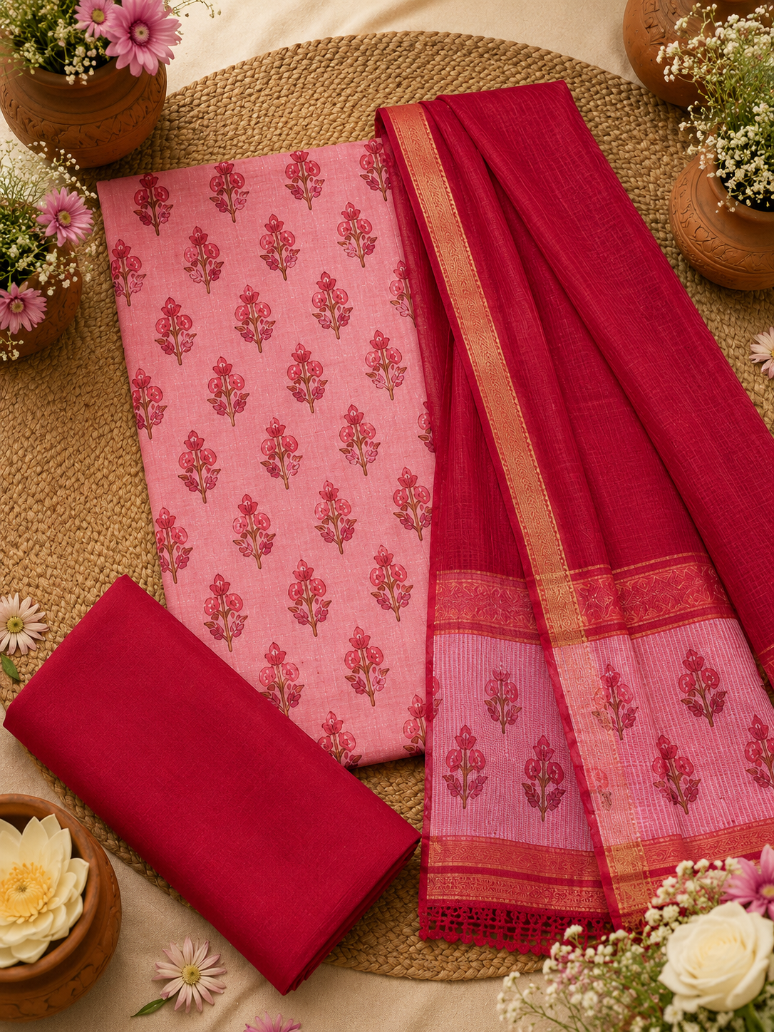 Kaveri Red Mangalagiri Cotton Suit Set