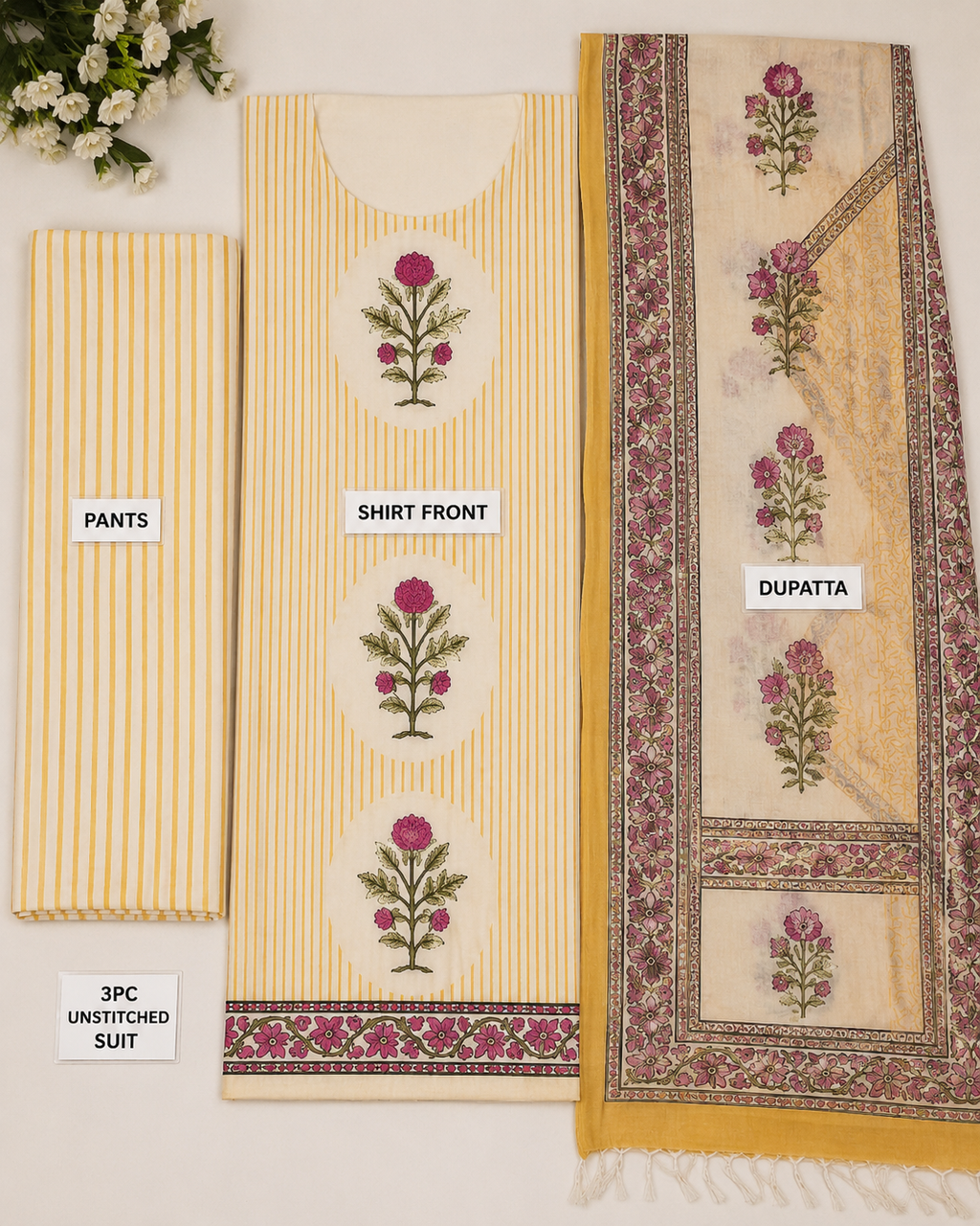Yellow White Handblock Cotton Mul Suit Set