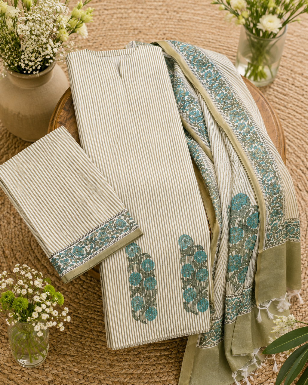 Bagh White Handblock Cotton mul suit set