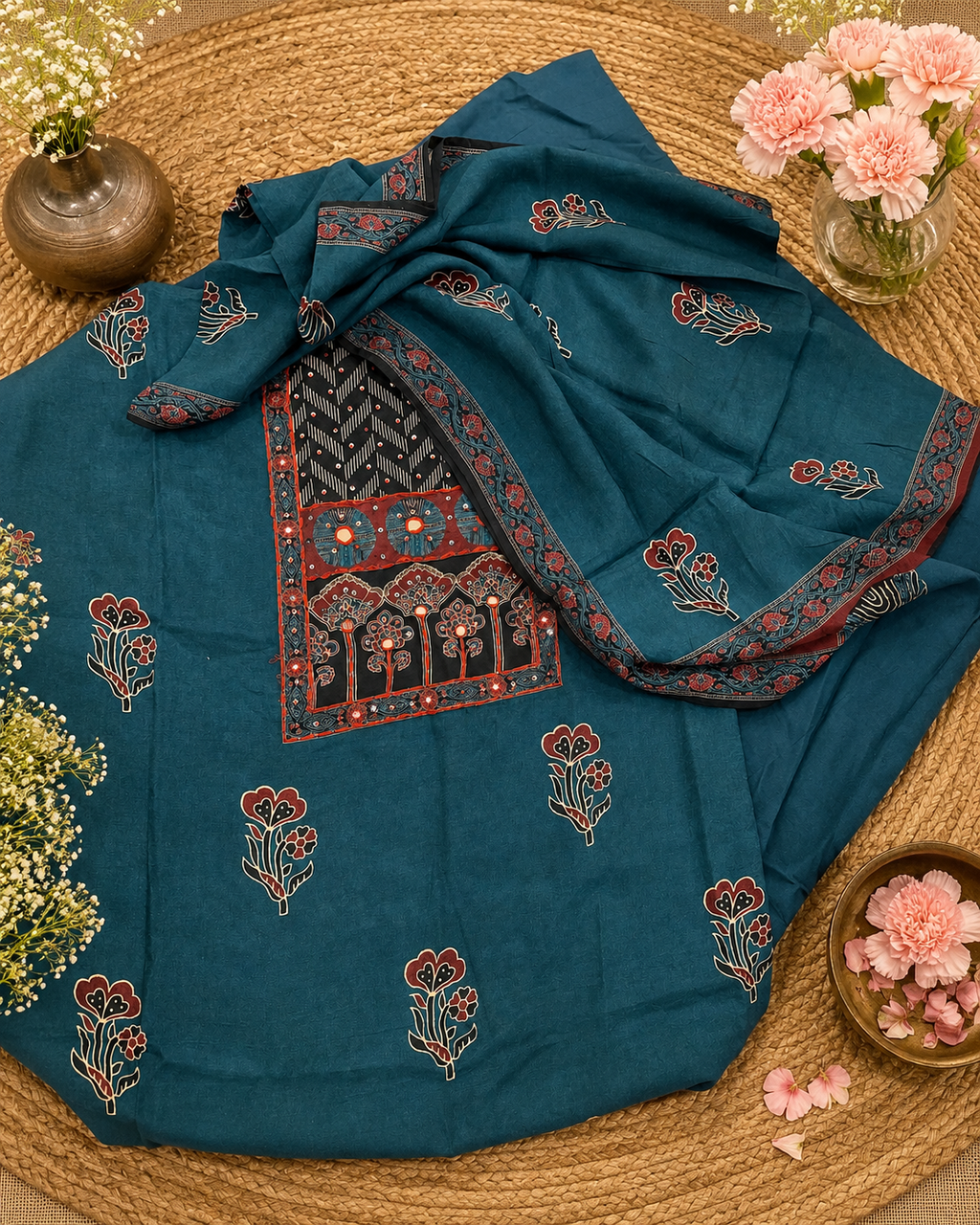 Gulposh Teal Blue Ajrakh 3 piece set